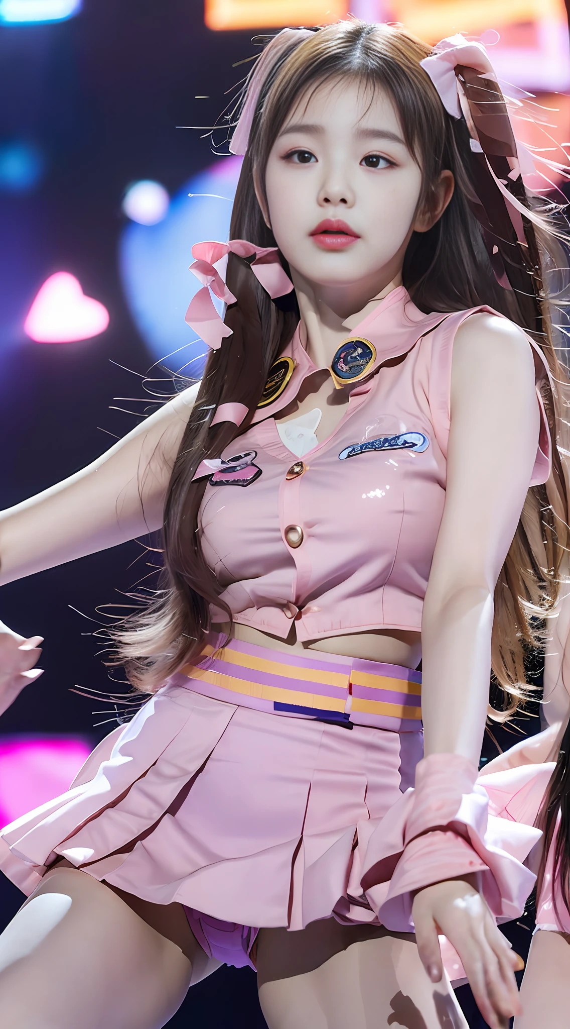 Perfect girl body、Big Body Set((The girls:15yearsold(K-pop Idol))(Heart)((You're on stage(Live Action))Angle from below:Low angle、badge、nametag、Pink ribbon、Sweating、Thigh、(Pubic hair is transparent)、camel's toes、Open skirt