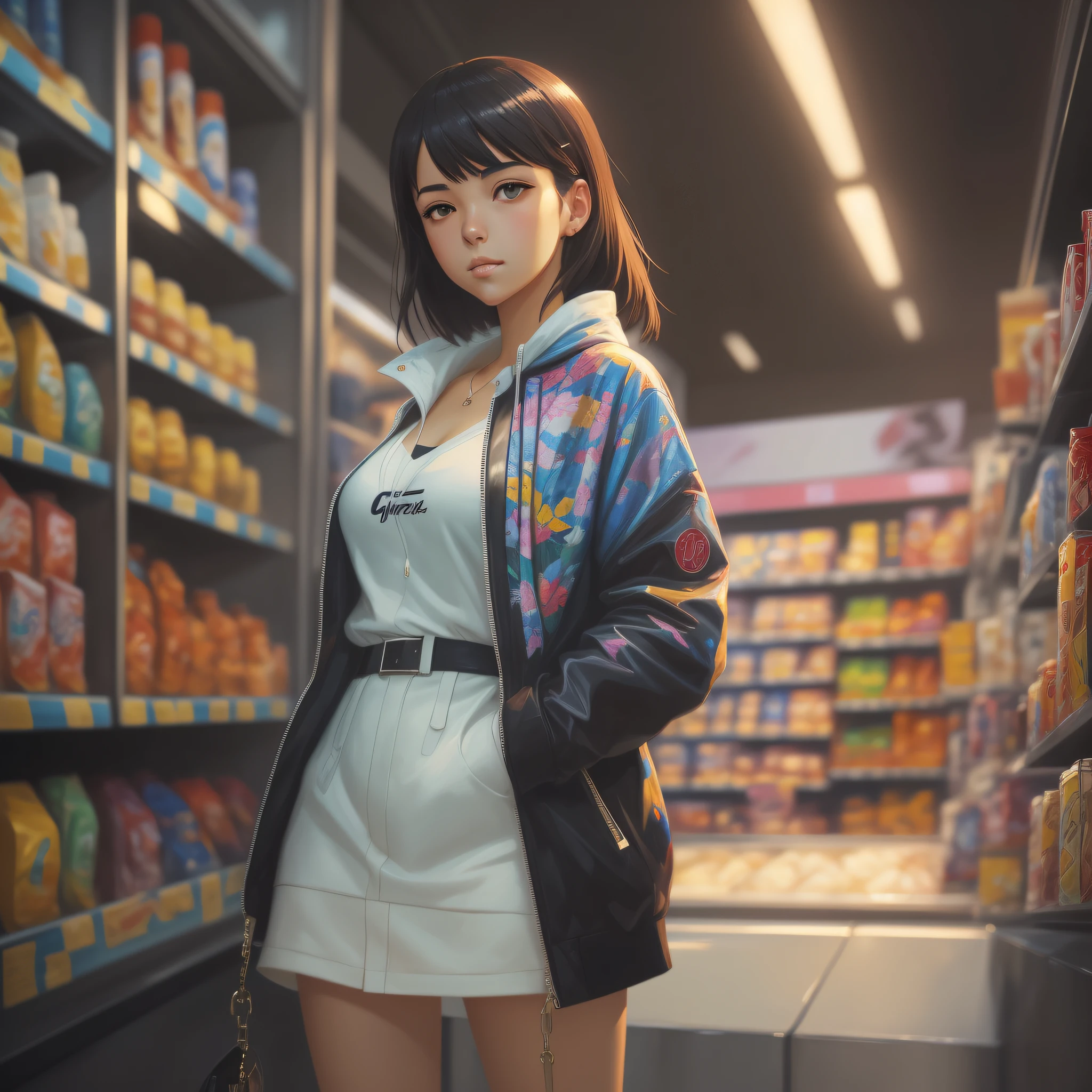 A ultradetailed beautiful panting of a stylish girl wearing extravagant streetwear in a convenience store, oil painting, by ilya kuvshinov, greg rutkowski and makoto shinkai, heavenly beauty, very barely dressed