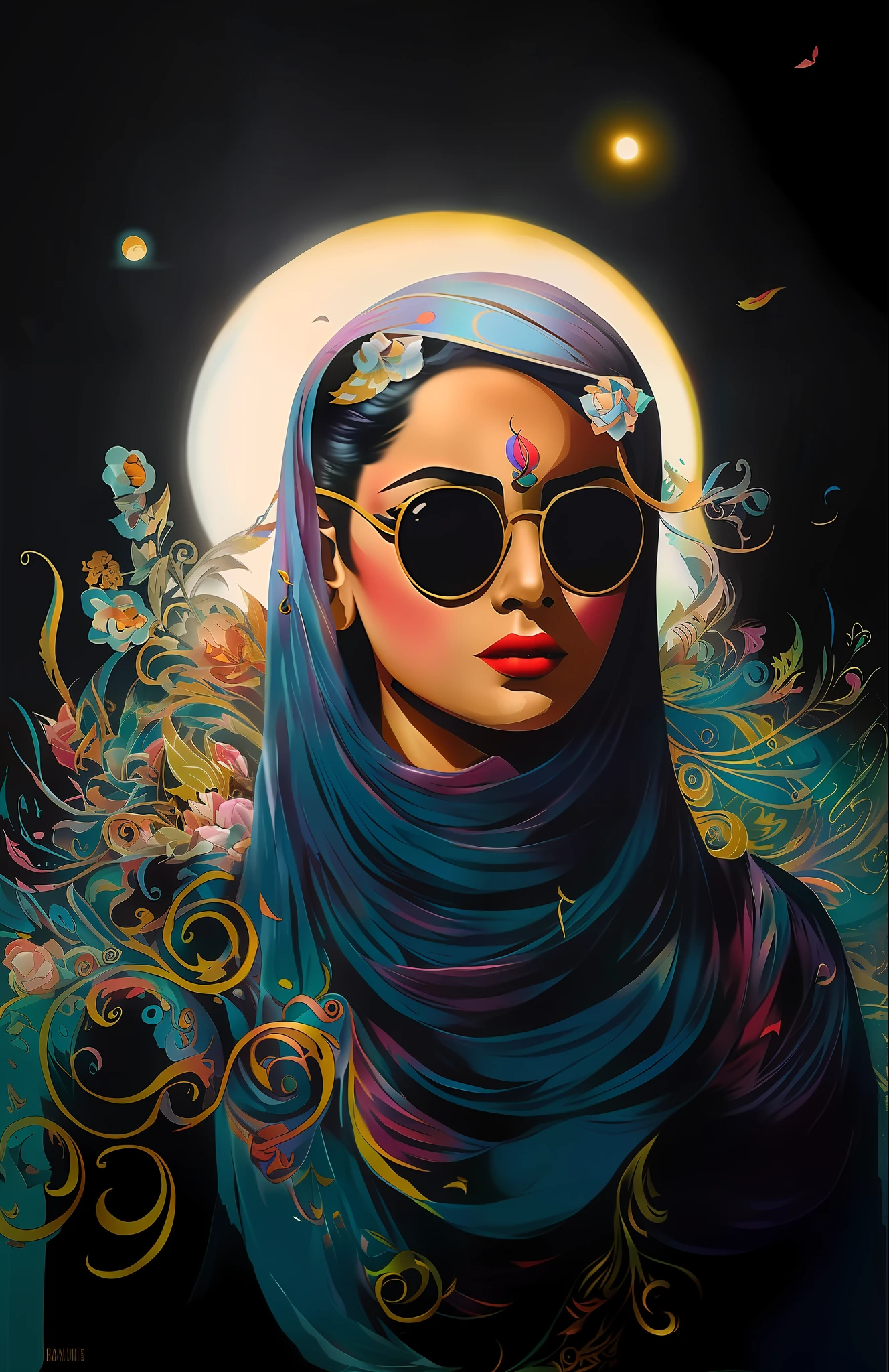 painting of a woman with sunglasses and a scarf with a moon in the background, jen bartel, beeple and jeremiah ketner, by Ambreen Butt, artgerm julie bell beeple, beautiful art uhd 4 k, karol bak uhd, a beautiful artwork illustration, inspired by Vladimir Tretchikoff, arabian art, tristan eaton