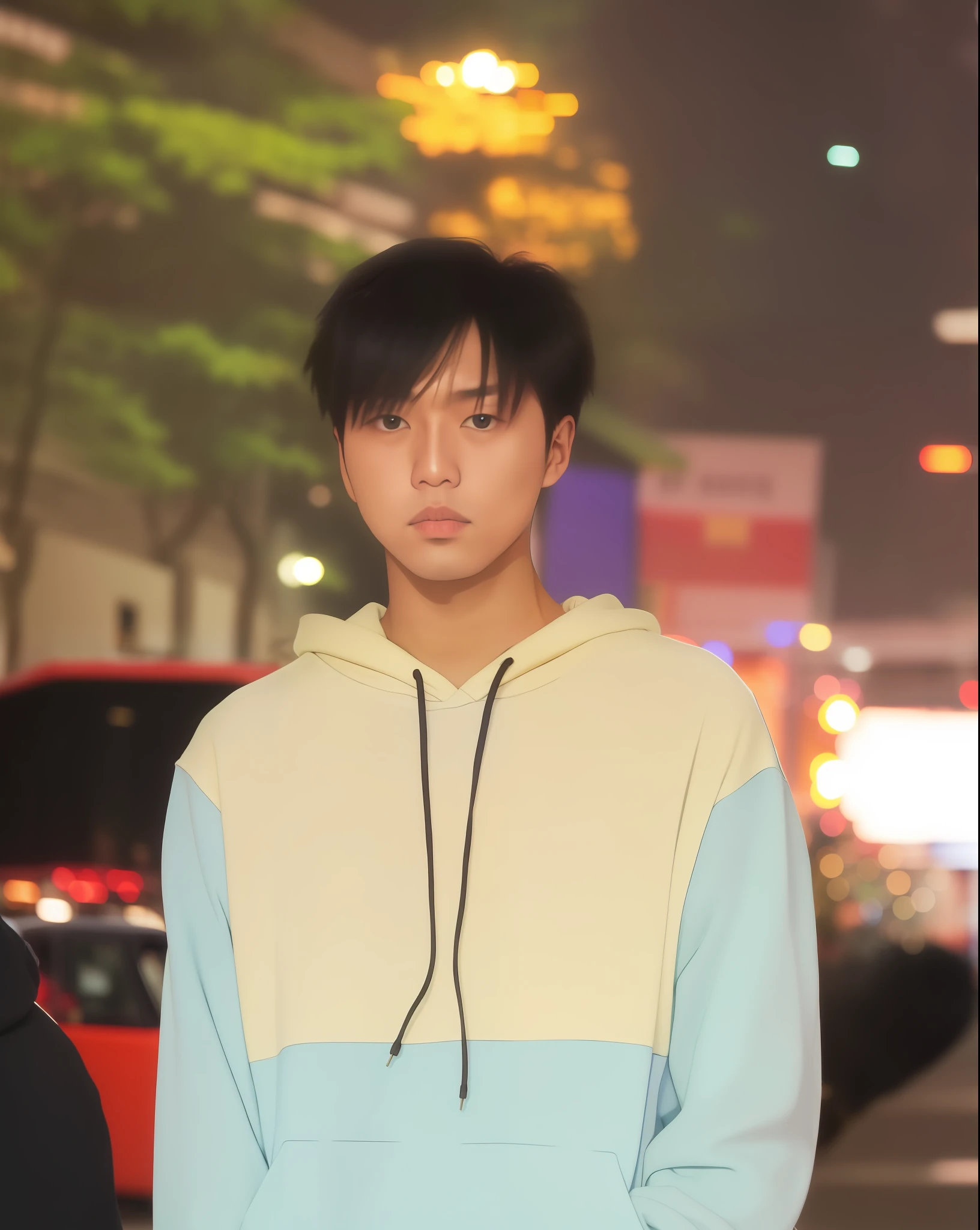 there is a man standing on the street with a skateboard, random artist, taken in the early 2020s, shinji, profile shot, ramil sunga, with short hair, long boi, taken with canon 8 0 d, wearing a neon blue hoodie, with long hair, asian male,anime boy,