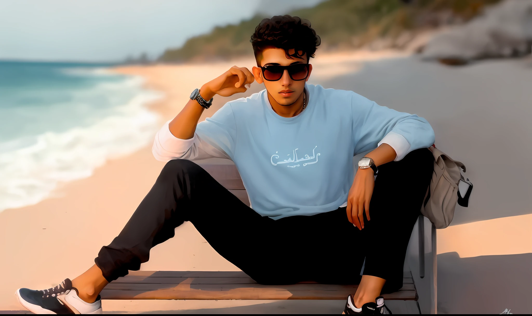 there is a man sitting on a bench with his feet crossed, mohamed chahin style, riyahd cassiem, with a cool pose, casual photography, stylish pose, on beach, cool pose, very cool pose, mohamed chahin, * colour splash *, casual pose, teen boy, photography hight quality, looking heckin cool and stylish, really cool pose