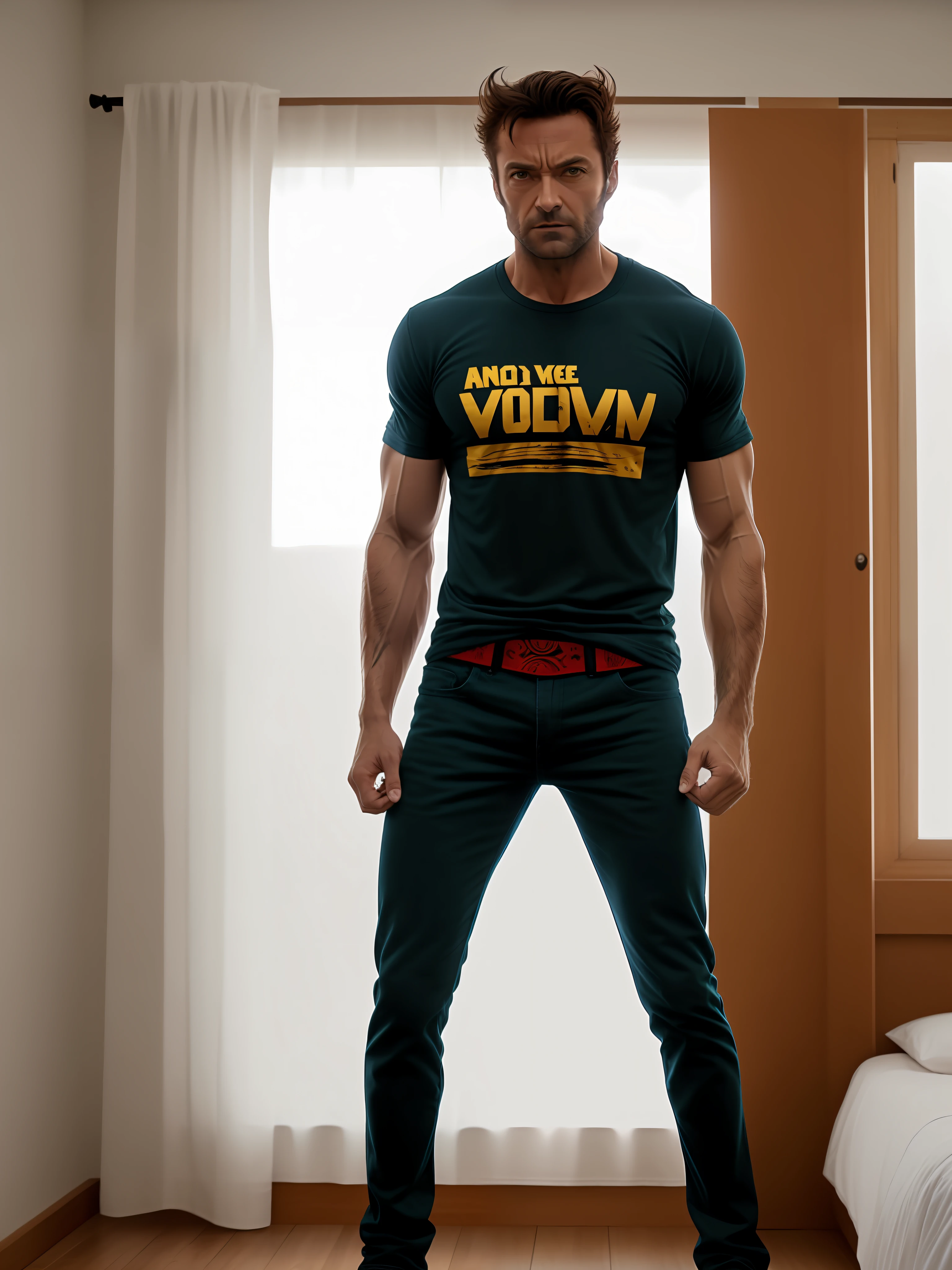 Wolverine camiseta branca e cueca no quarto