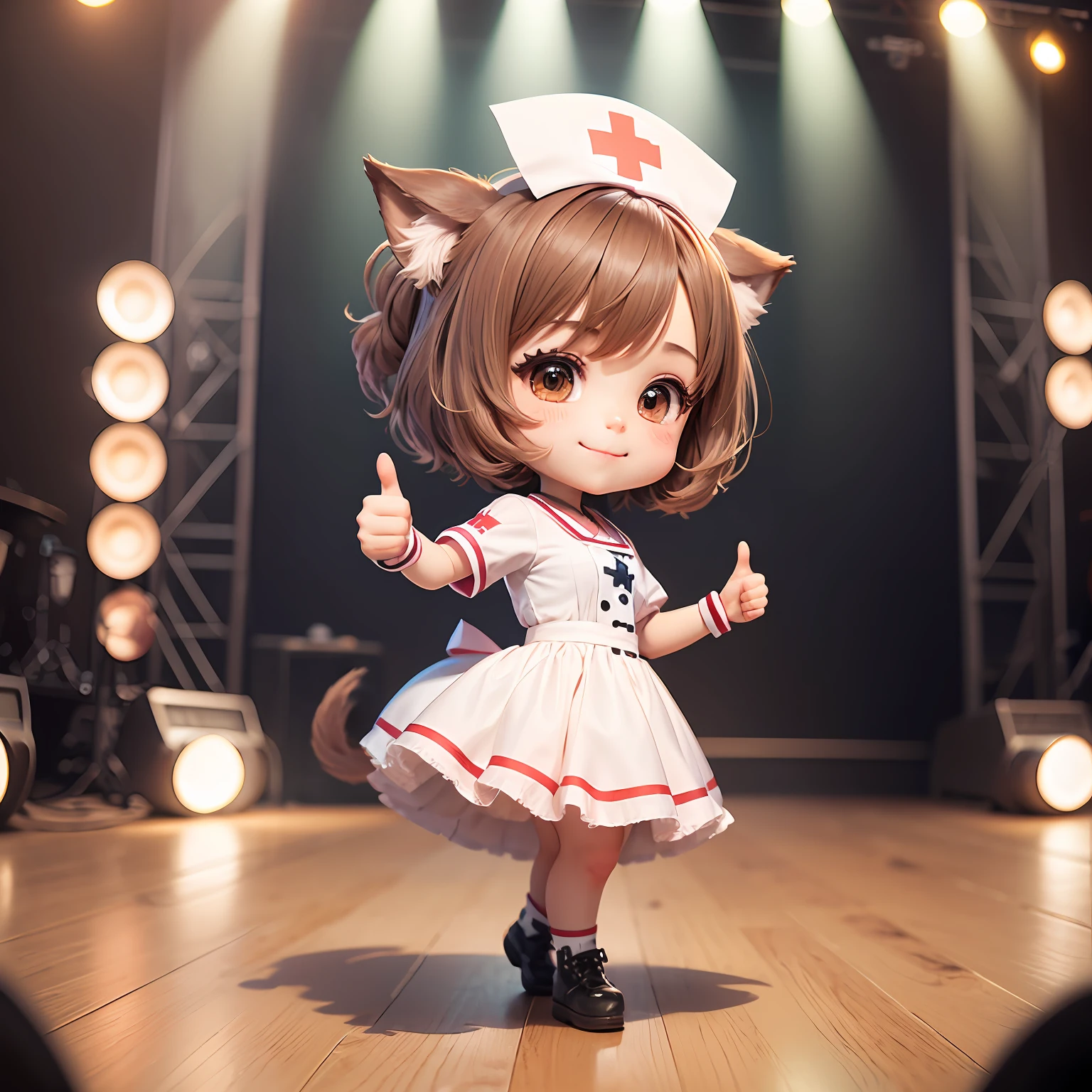 A masterpie、beste Quality、Ultra Verbose、One dog girl、Chibi Chara、nurse outfit、dog ears、Thumbs up、Sorrisos、skip、Dance hall、stage