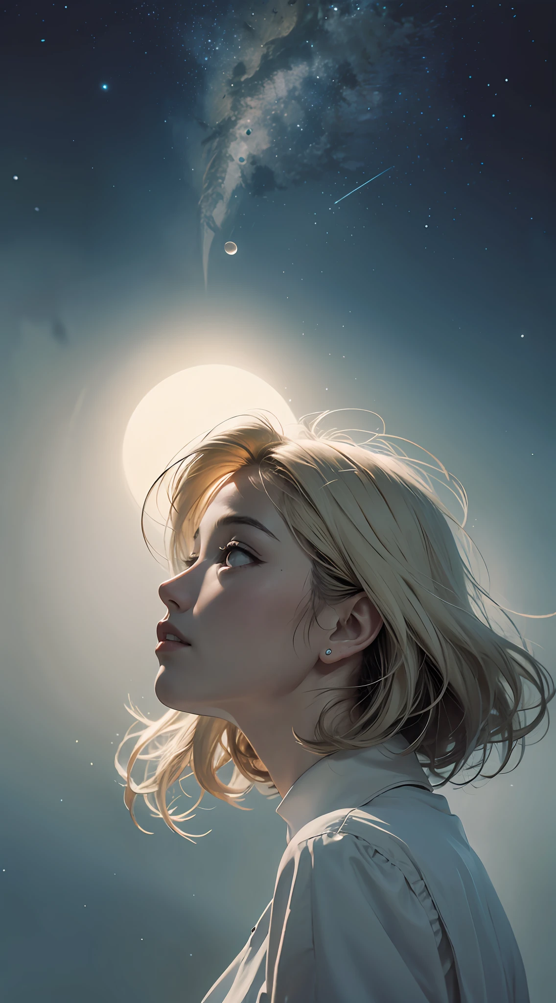 monochrome、hig quality、High quality、8K、spotlight、back lighting、Girl looking up at the ceiling、short hairs、a blond、SLR、moonlit