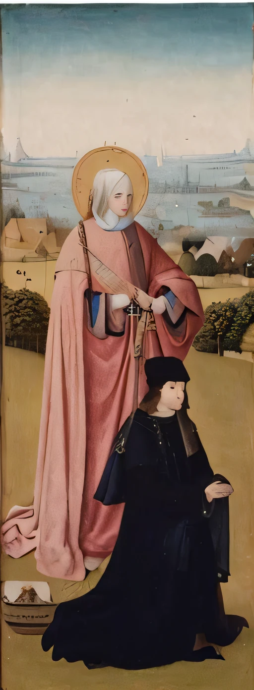 A painting,A man and a woman sit in a field, hieronymus bosch and moebius, inspired by Jean Fouquet, author:Simon de Vlieger, inspired by Petrus Christus, hieronymus bosch style, author:Master St. Giles, author:Hans Memlin, author:Jean Fouquet, hieronymus bosch style, heironymus bosch