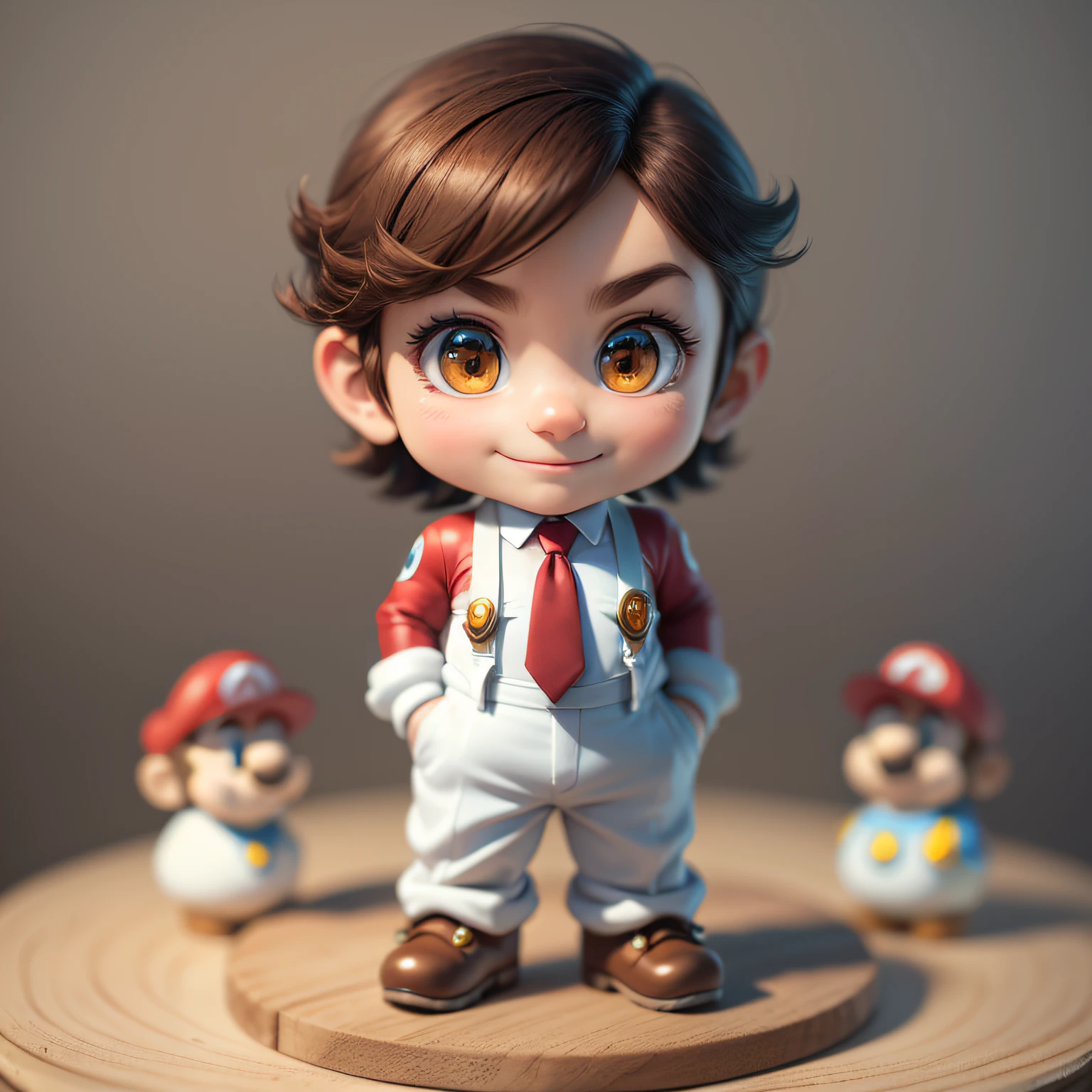 (masterpiece),(best quality),(ultra-detailed), (full body:1.2), simple background, 1 Super Mario, chibi, hands in pockets, necktie, red trousers, stare, smile, looking at viewer, (interview:1.3), standing on a stand ,