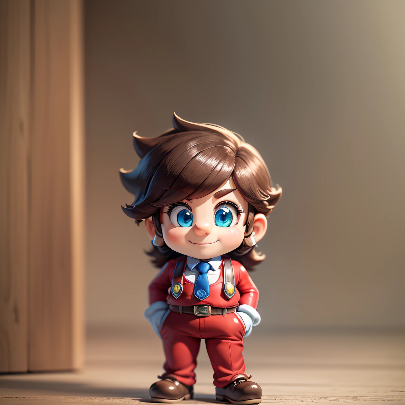 (masterpiece),(best quality),(ultra-detailed), (full body:1.2), simple background, 1 Super Mario, chibi, hands in pockets, necktie, red trousers, stare, smile, looking at viewer, (interview:1.3), standing on a stand ,