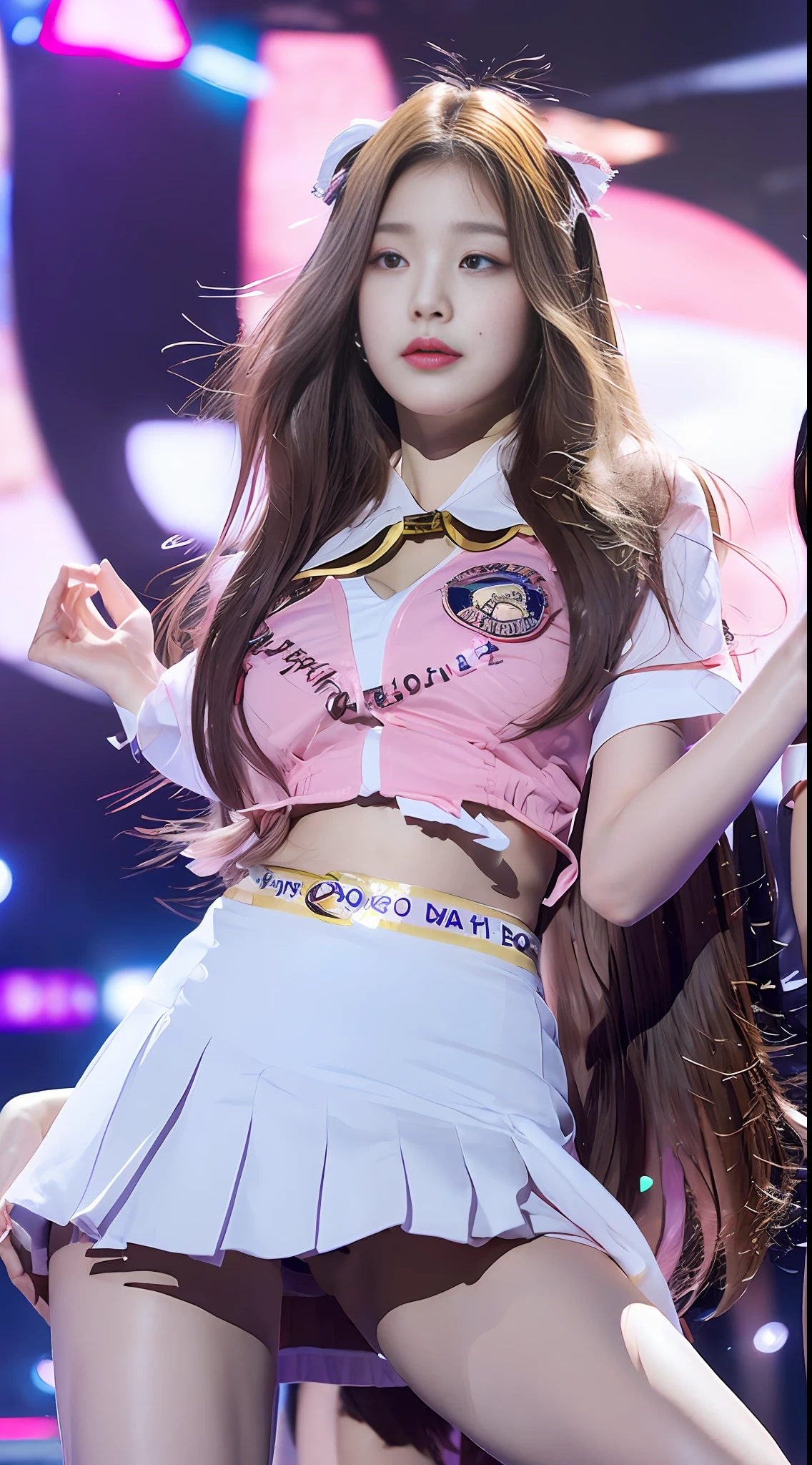 Perfect girl body、Big Body Set((The girls:15yearsold(K-pop Idol))(Heart)((You're on stage(Live Action))Angle from below:Low angle、badge、nametag、Pink ribbon、Sweating、Thigh、(Pubic hair is transparent)、camel's toes、Open skirt