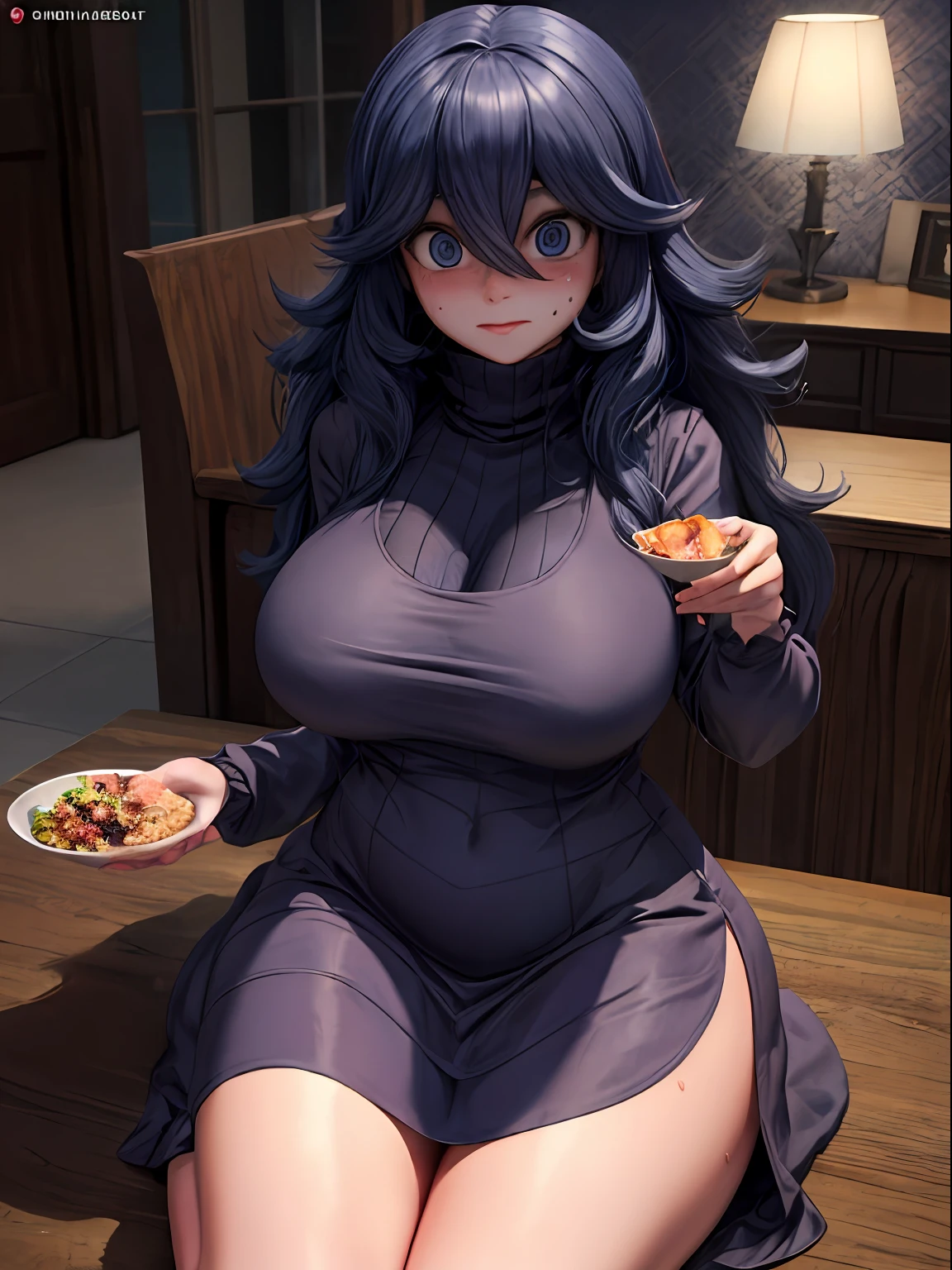 ((masterpiece:1.2)), best quality, ((extreme detail)), (official art), (ultra-detailed), anime screencap, extremely, detailed, (CG), 3d, unity model, 8k, wallpaper, hex maniac, hex maniac(pokemon), 1girl, solo, hotel, sitting, (eating), food, (full body view), (huge breasts), wide hips, (long sleeved turtleneck sweater dress), purple clothes, taut dress, embarrassed, purple eyes, cowboy shot, crazy eyes, (shaded_face:1.3), anime, bursting breasts, wrinkles in clothes, sweat, (plump), flustered, (blush)