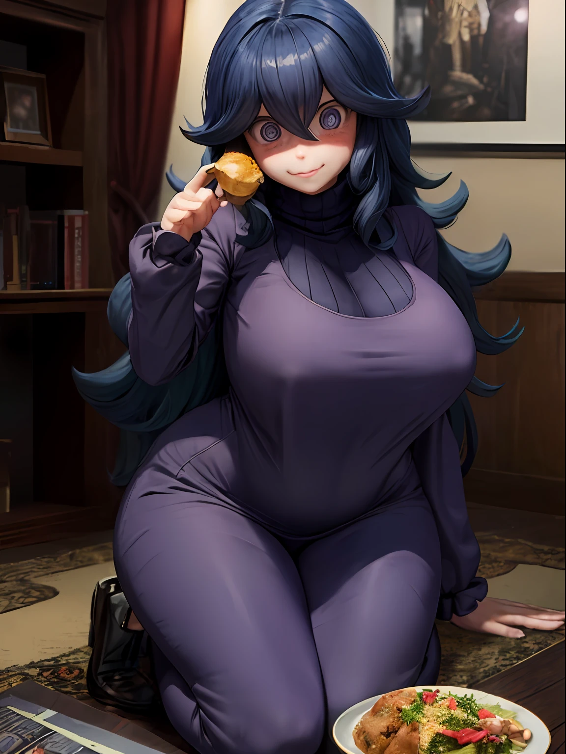 ((masterpiece:1.2)), best quality, ((extreme detail)), (official art), (ultra-detailed), anime screencap, extremely, detailed, (CG), 3d, unity model, 8k, wallpaper, hex maniac, hex maniac(pokemon), 1girl, solo,  hotel, sitting, (eating), food, (full body view), (huge breasts), wide hips, (long sleeved turtleneck sweater dress), purple clothes, taut dress, embarrassed, purple eyes, cowboy shot, crazy eyes, (shaded_face:1.3), anime, bursting breasts, wrinkles in clothes, sweat, (plump), flustered, (blush)