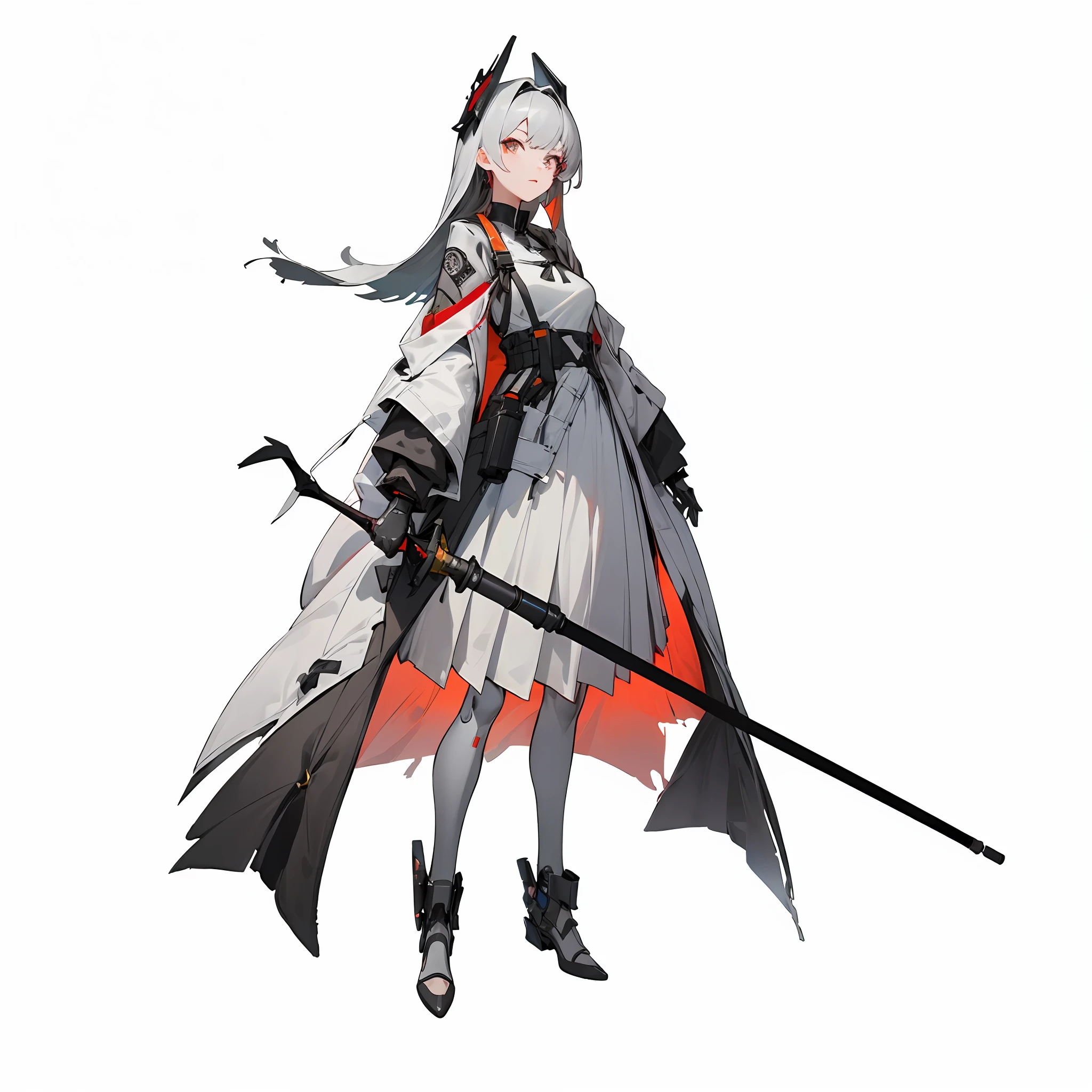 A full-body close-up wearing a lily element white dress pleated long skirt combat costume holding a long mechanical staff in both hands,((character design sheet、Same role、front facing、Lateral face、back facing)),mechanicallegs,High-grade off-white is the main color,Punishing: Gray Raven,From the night of the ark,Guwiz,From punishment: Gray Raven,girls frontline style,girls frontline universe,inspired by Leng Mei,Kusart Krenz key art feminization,7.5 head body,Mechanical prosthetics,Celluloid coloring style,white background,Weakens the coloring effect,Model-like figure,Three View,Lily element,