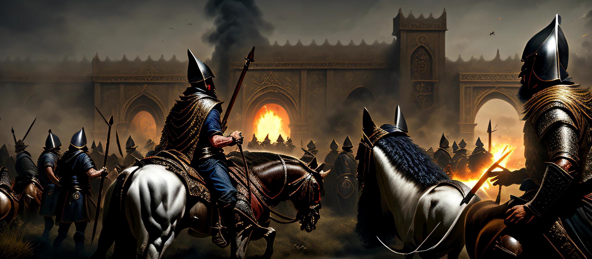 Dois homens montando cavalos em frente ao portal da muralha, background of invading army, Background: cena de batalha, No estilo de Kyrill Kotashev, Captura de tela do jogo, Petros e Leonid, imagem ultrarealista