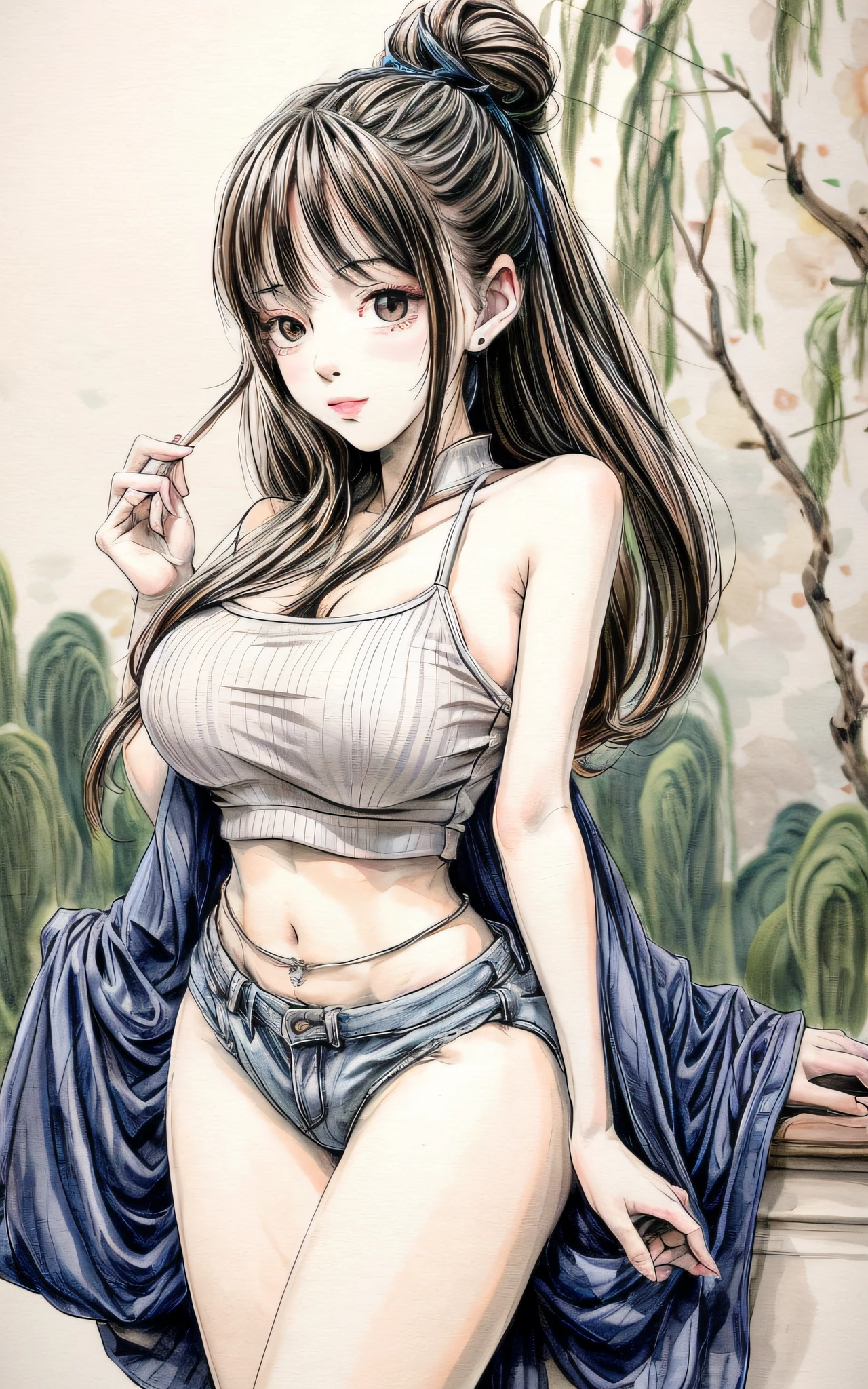shukezouma, negative space, , shuimobysim , portrait of a woman standing, willow branches, (masterpiece, best quality:1.2), traditional chinese ink painting, modelshoot style, peaceful, (smile), looking at viewer, A girl in distressed white sleeveless top and distressed Low Rise Booty Denim Shorts, perfect body: 1.4, Slim abdomen: 1.2, gigantic breasts,