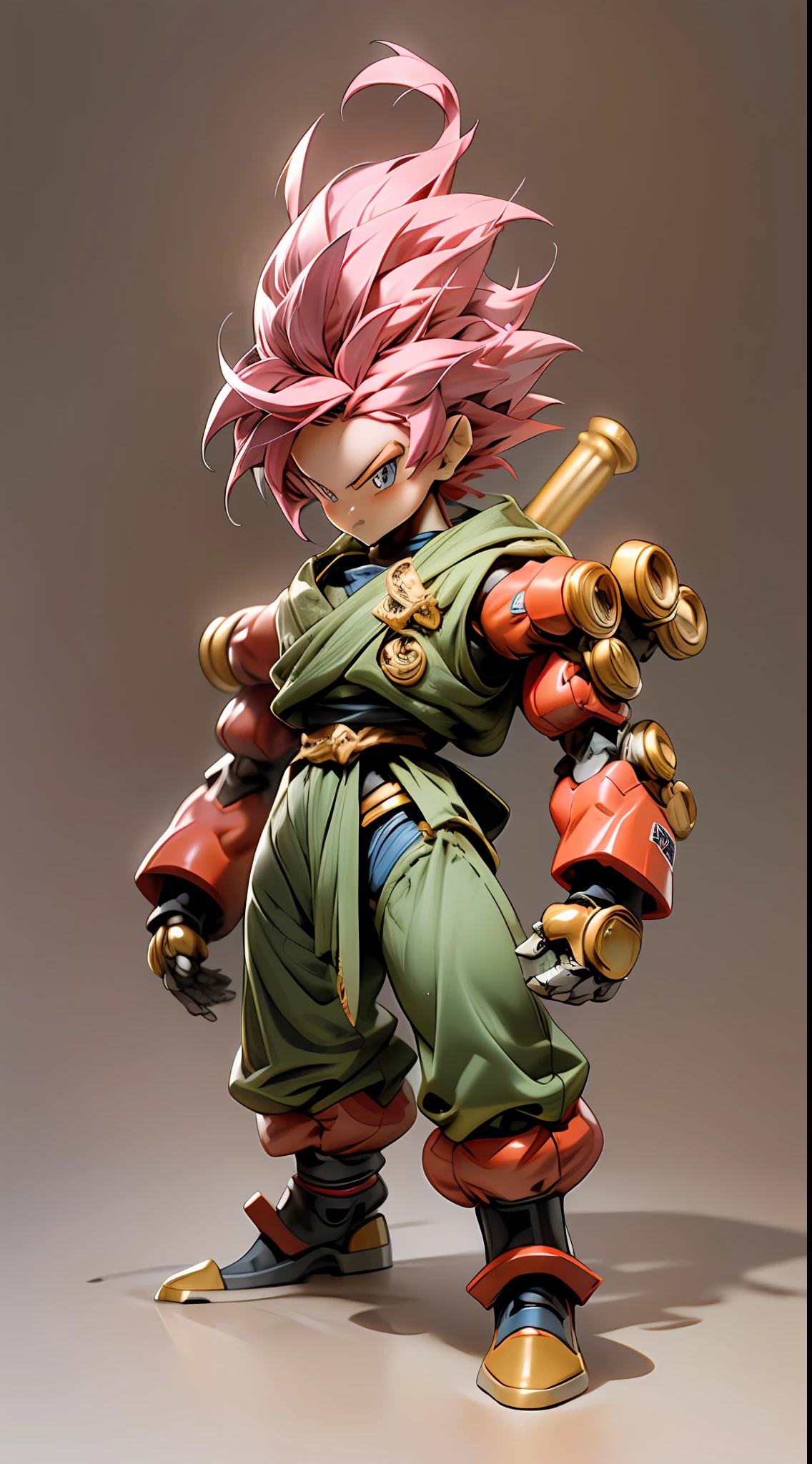 chibi，full body，A three-year-old boy mech，Super short body，Little dwarf，Has the head of the Monkey King，Naked，Mecha body，mecha limbs，Mecha arms，Mecha legs，SuperSaiyan，Spiked hairstyle