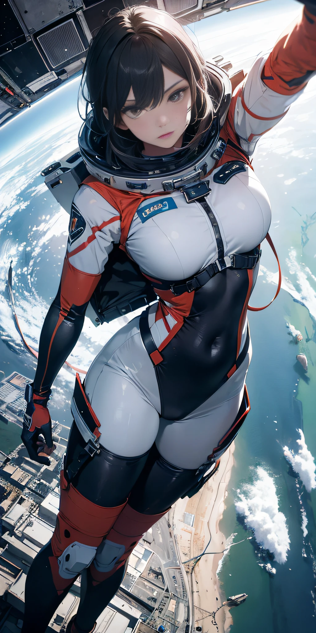 Absurd resolution, high resolution, (masterpiece:1.4), ultra-detailed, 1girl, in spacesuit, seen from above, space, floating, satellite, running pose, wide-angle lens distortion