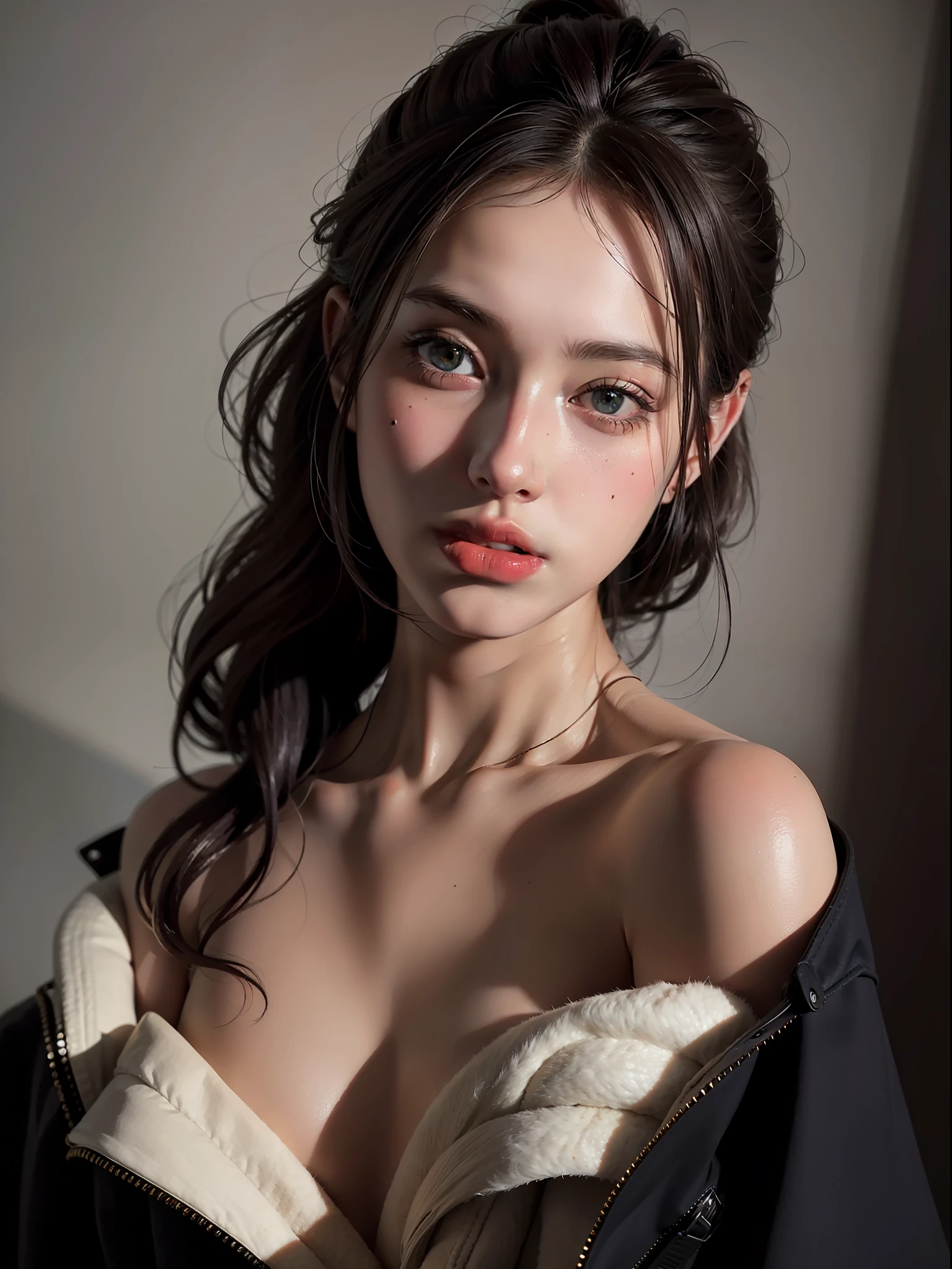 Best quality, masterpiece, ultra high res, (photorealistic:1.4), raw photo, 1girl, offshoulder, in the dark, deep shadow, low key, cold light