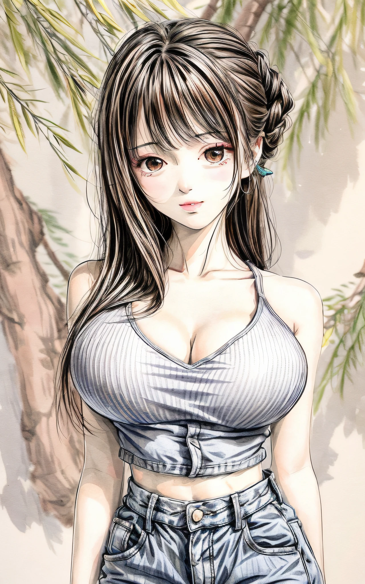 shukezouma, negative space, , shuimobysim , portrait of a woman standing, willow branches, (masterpiece, best quality:1.2), traditional chinese ink painting, modelshoot style, peaceful, (smile), looking at viewer, A girl in distressed white sleeveless top and distressed Low Rise Booty Denim Shorts, perfect body: 1.4, Slim abdomen: 1.2, gigantic breasts,