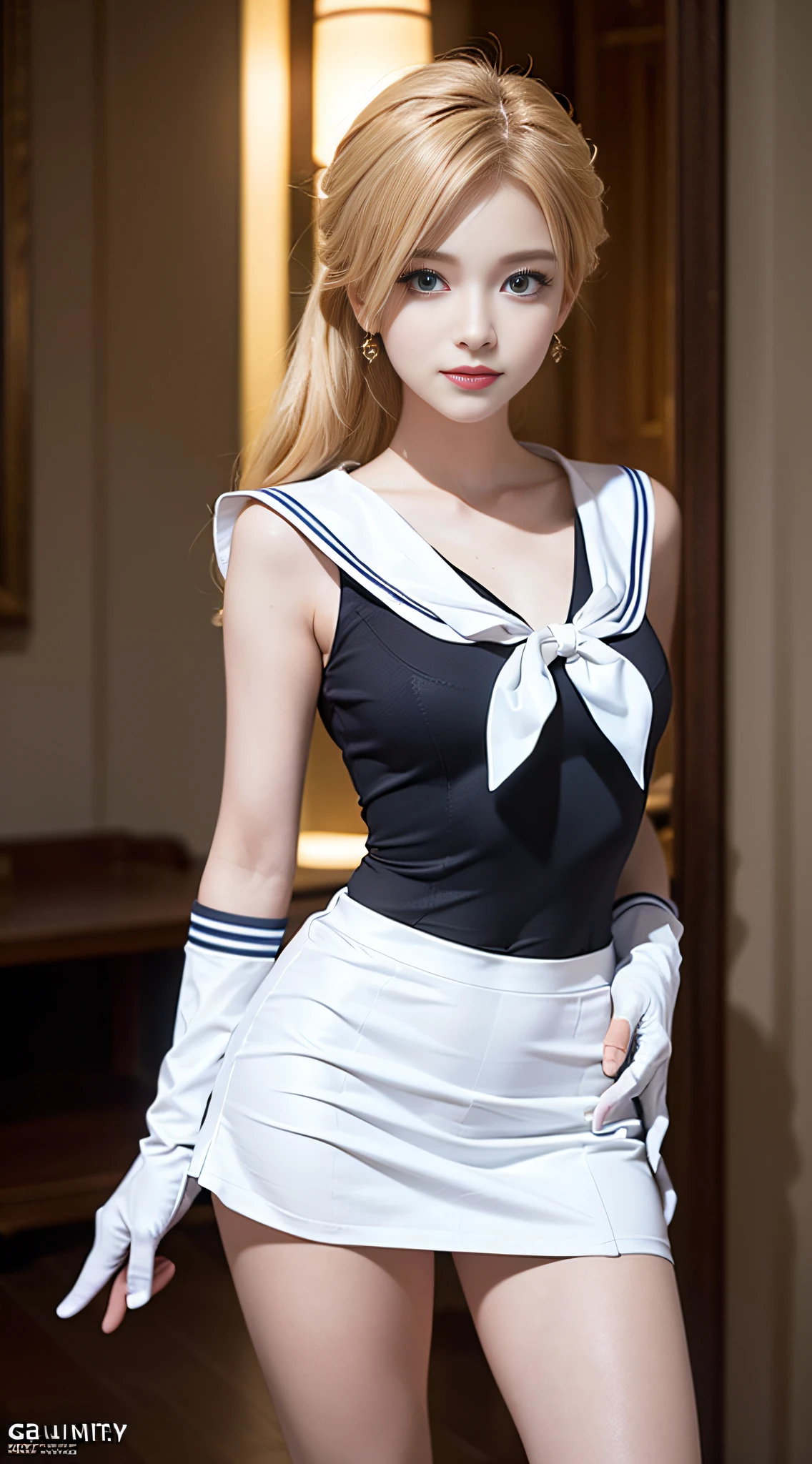 (CG Unity 8K wallpaper with extreme detail, masterpiece, highest quality), (exquisite lighting and shadow, highly dramatic picture, cinematic lens effect), (Sailor Moon: 1.1), charming smile, double tail, vibrant blue eyes, looking at the viewer with blond hair, white tight-fitting top, white gloves, mini skirt, dynamic pose), the background is the universe (excellent detail, excellent lighting, wide angle), (excellent rendering, enough to stand out in its class),