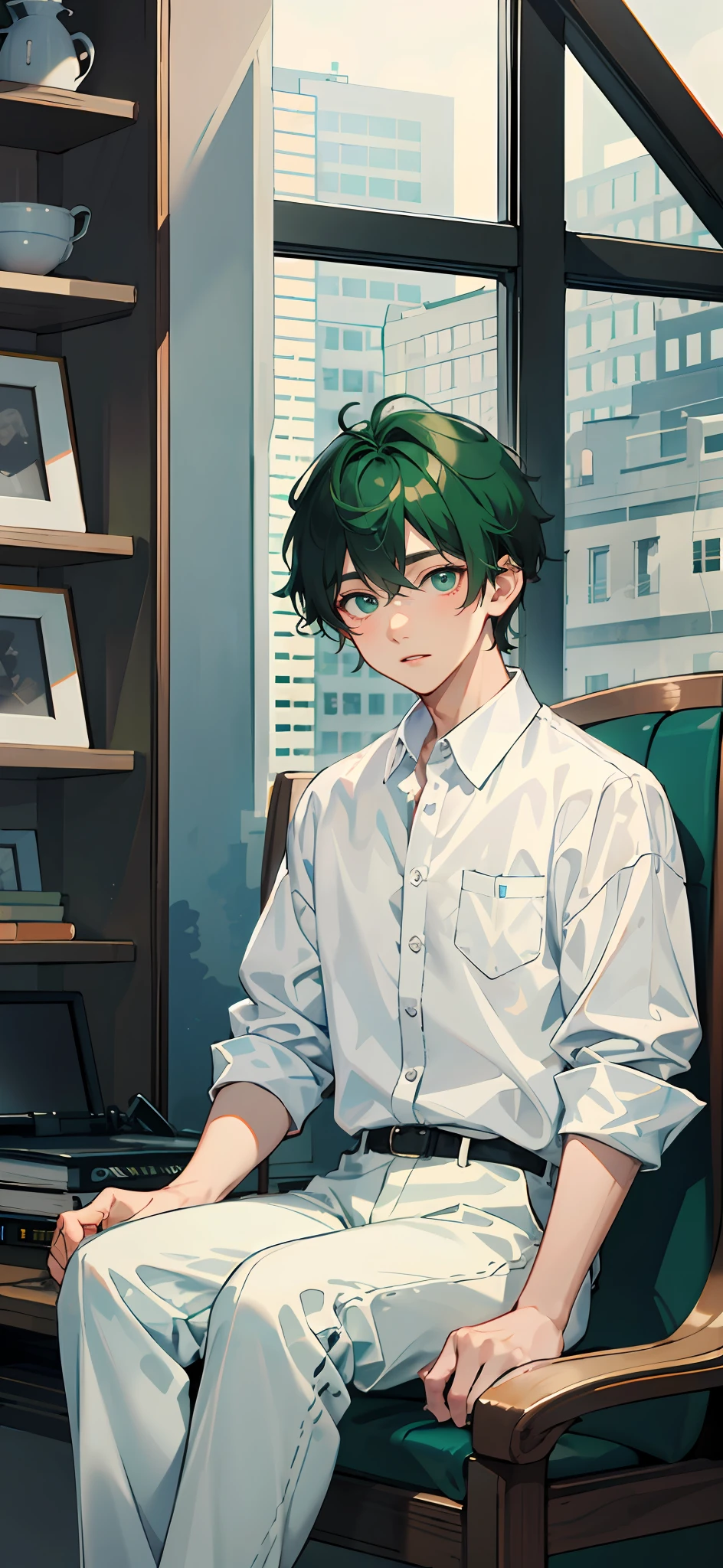 Master Masterpiece、maximum quality、8K、One Boy、Short green hair and big eyes、Cute face、、White shirt and gray pants、sit