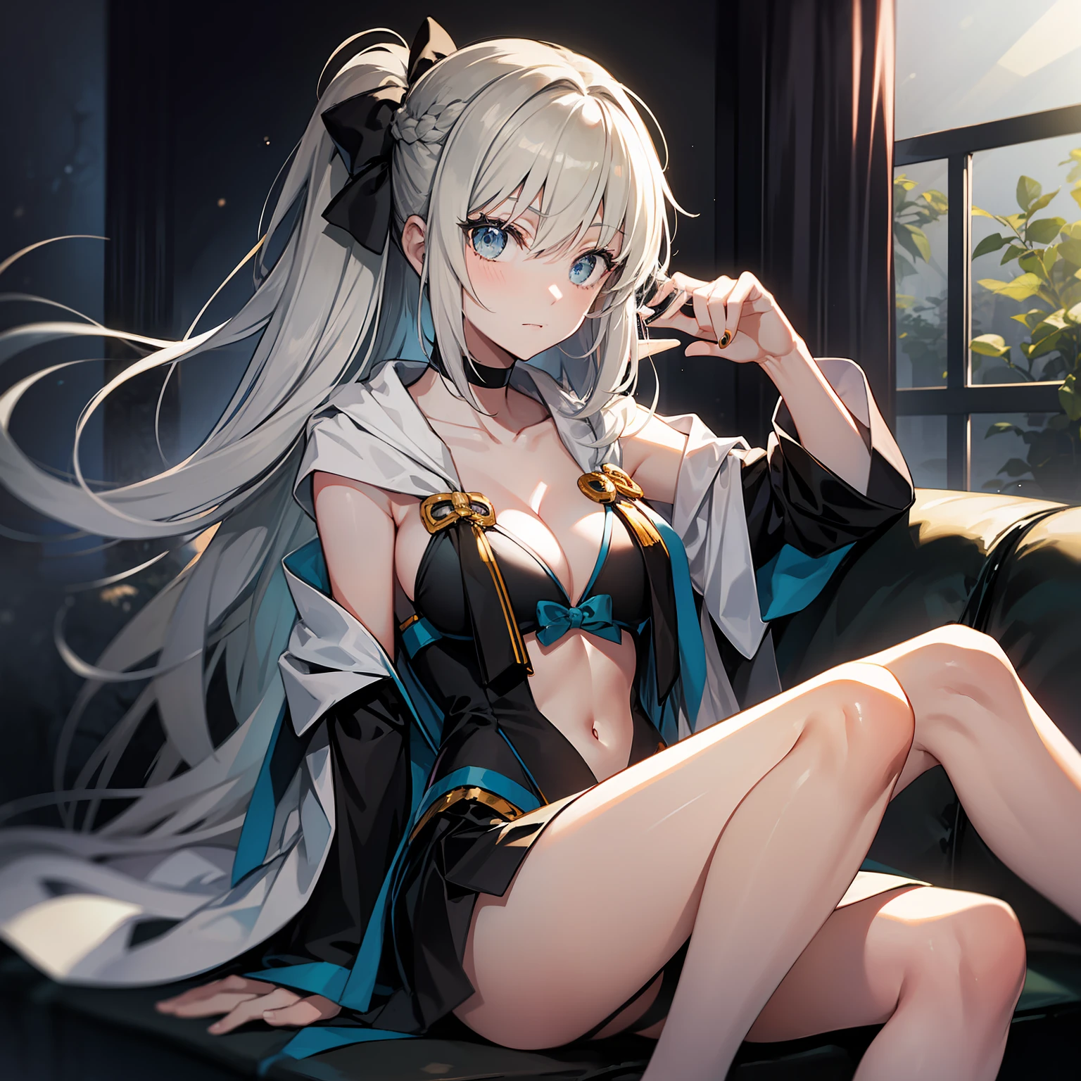 1girls，gray haired，long way hair，Floating hair，pony-tail，Black bow，sitting on a sofa，Look at the observer