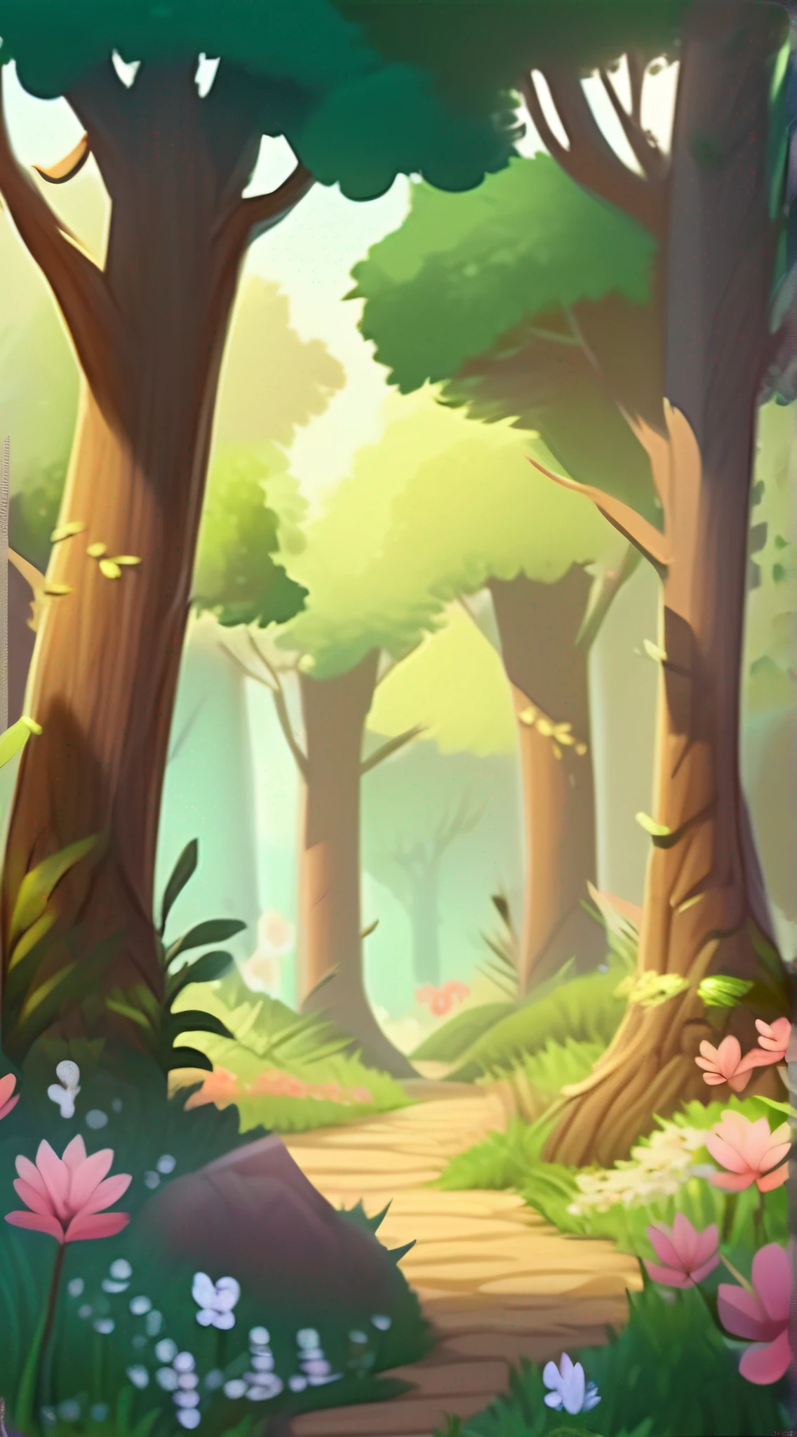 Floresta encatada dos desenhos animados, with trees, com flores, com relva, com trilha, obra prima, Arte Oficial, mobile game art, Beautiful cartoon scenery