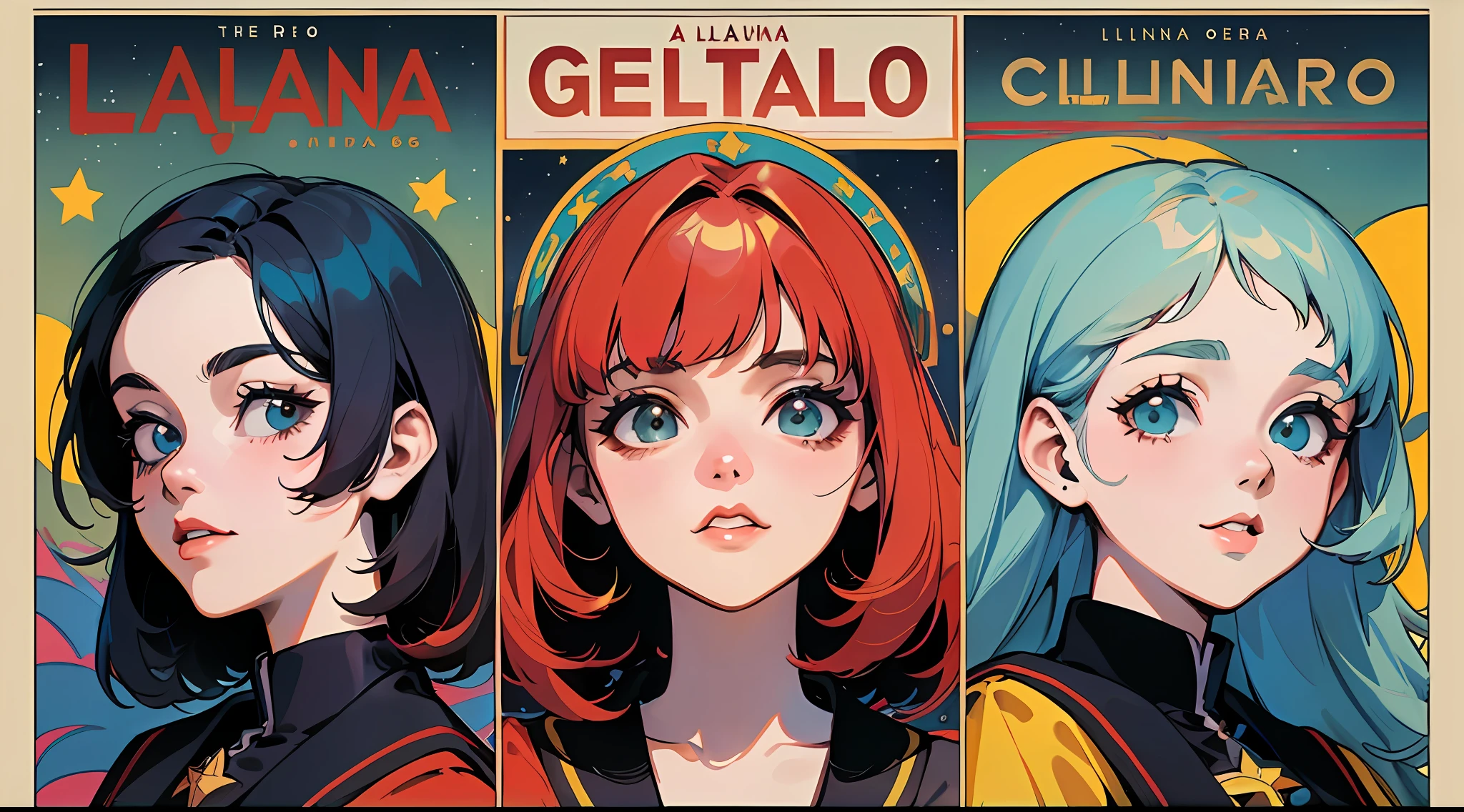 (obra maestra), (mejor calidad), (mejor detalle), (estilo vintage de los 60), (punto de vista general lejano), (sello postal),(color principal de la ilustracion: bright red), (color secundario: rosado saturado), un grupo de colegialas muy bellas con postura alegre, cara muy detallada,(cartel de publicidad con titulo con grandes letras en relieve), Western 60s Stage, noche (muchas estrellas, luna), sombreado (detallado, mucho contraste)