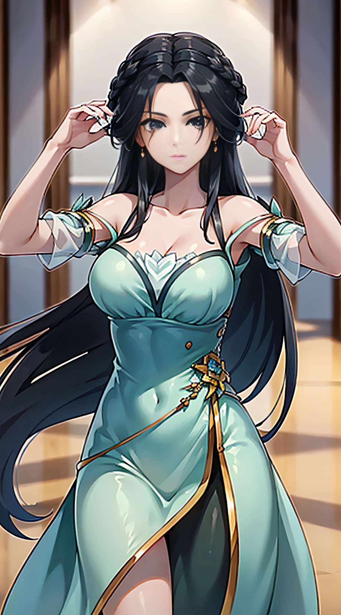 masterpiece,best quality,1girl, black hair, bare shoulders, long hair, dress,cowboy shot, dynamic pose, dynamic angle,