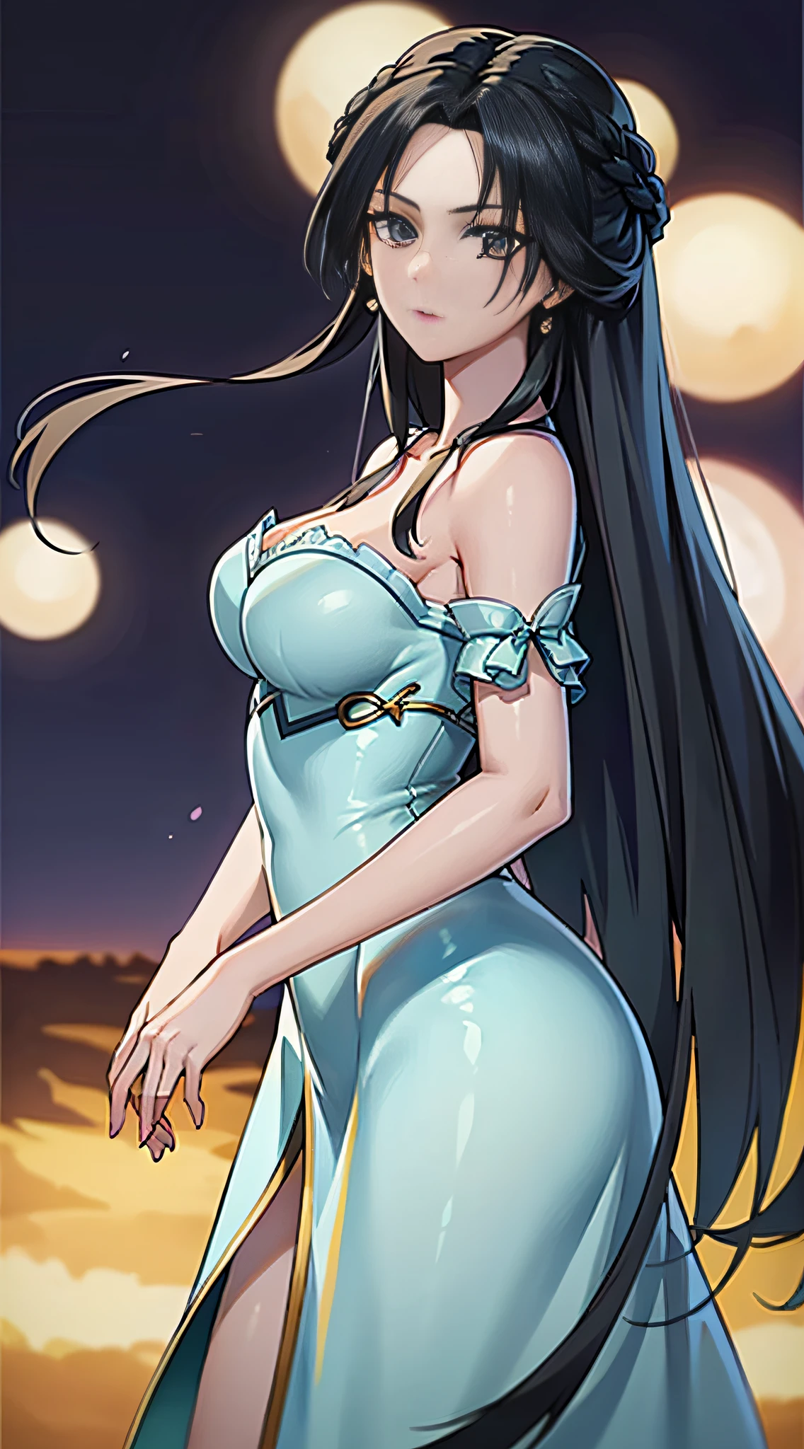 masterpiece,best quality,1girl, black hair, bare shoulders, long hair, dress,cowboy shot, dynamic pose, dynamic angle,
