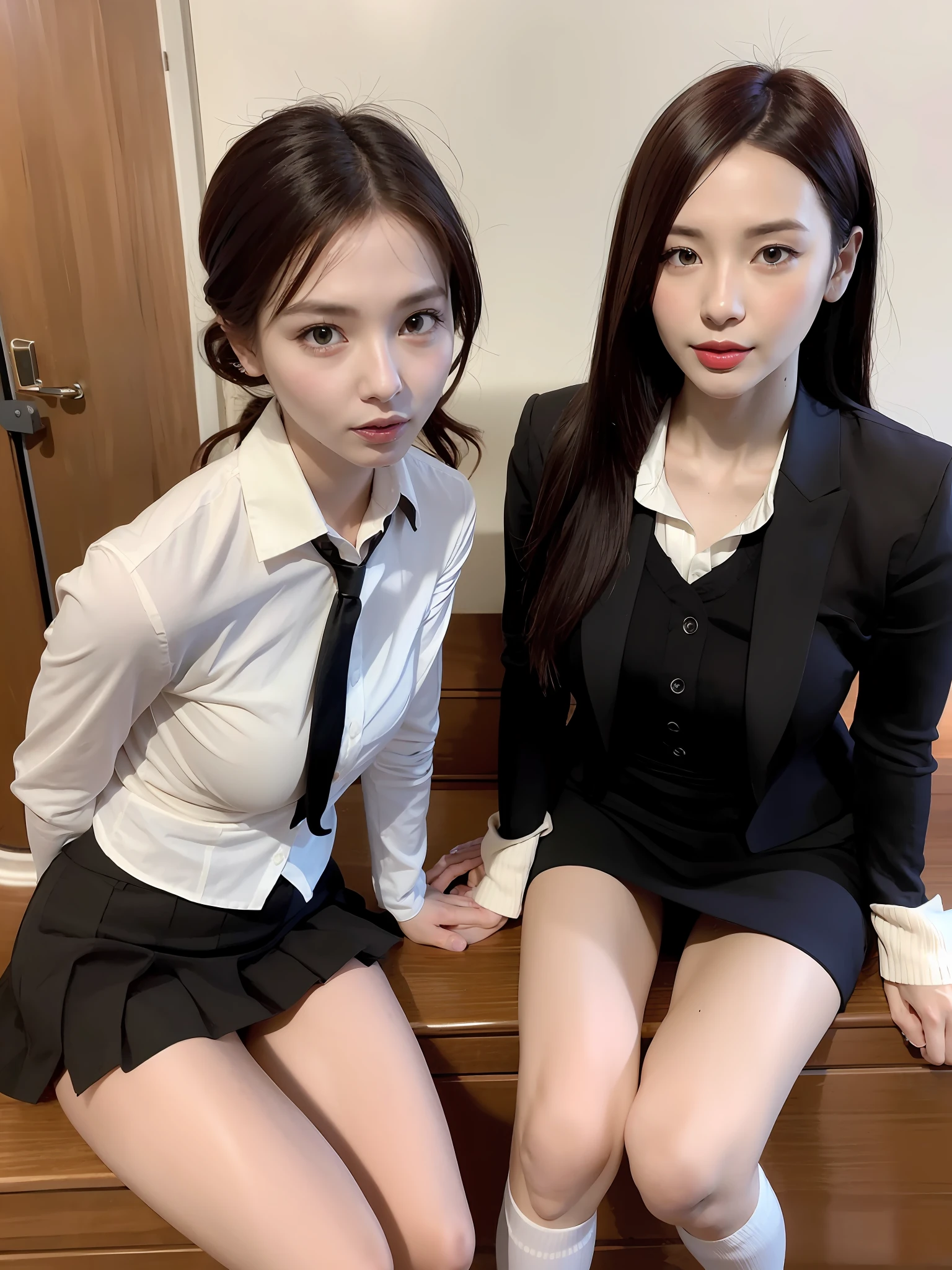 Best quality, (Photorealistic:1.2), 1girls, 独奏, Best quality, The ultra-Resolution, (Photorealistic:1.4), 1girls,独奏, Lip augmentation, Sultry eyes, a school uniform, Sexy female teachers may have a confident and seductive demeanor, Show a sense of confidence and charisma，Attract people to them。She has a toned physique，And show yourself with composure and elegance。She dresses fashionably and tastefully，Highlight your strengths，and noble temperament，long way hair，plump，Medium breasted，leggy，Mini-short professional skirt，（Panty hose：0.8）。