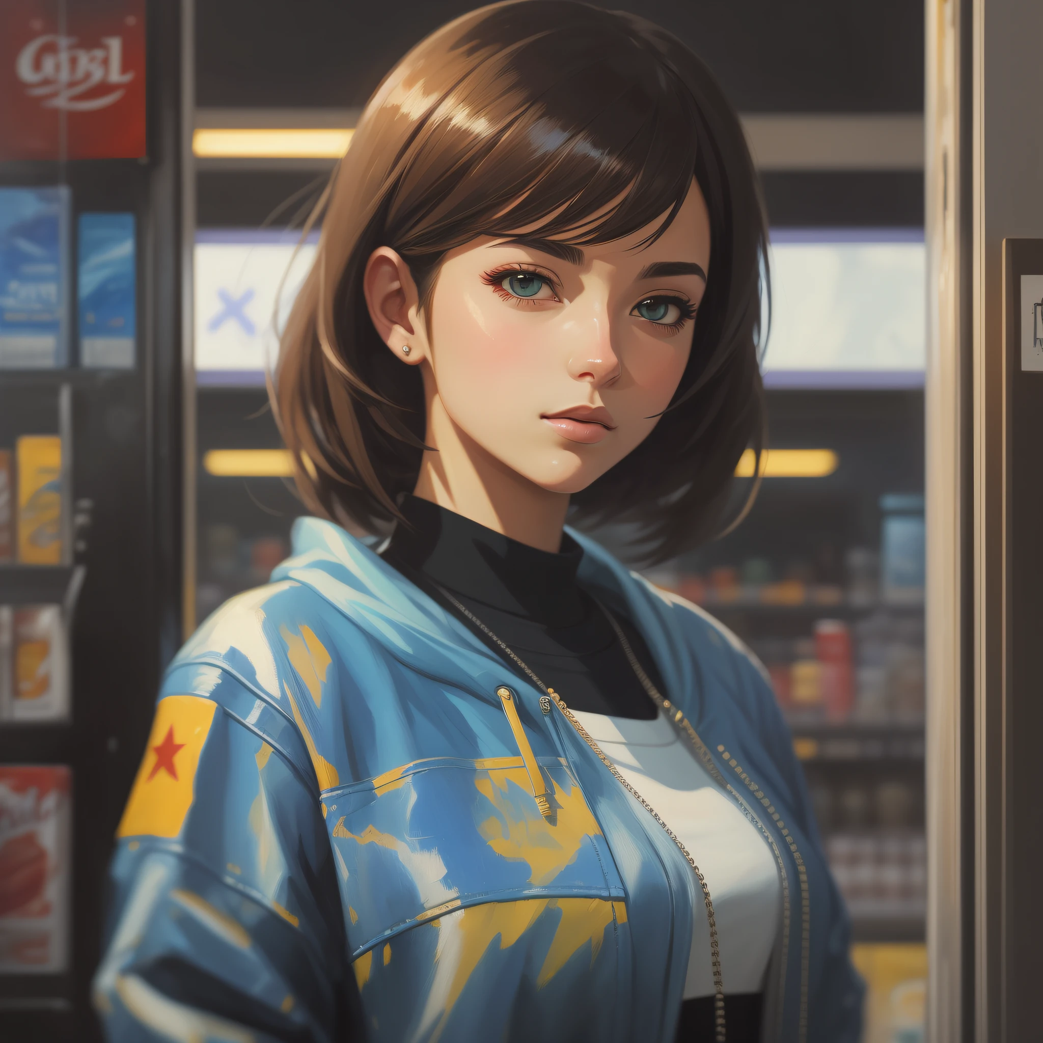A ultradetailed beautiful panting of a stylish girl wearing streetwear in a convenience store, oil painting, by ilya kuvshinov, greg rutkowski and makoto shinkai, heavenly beauty,