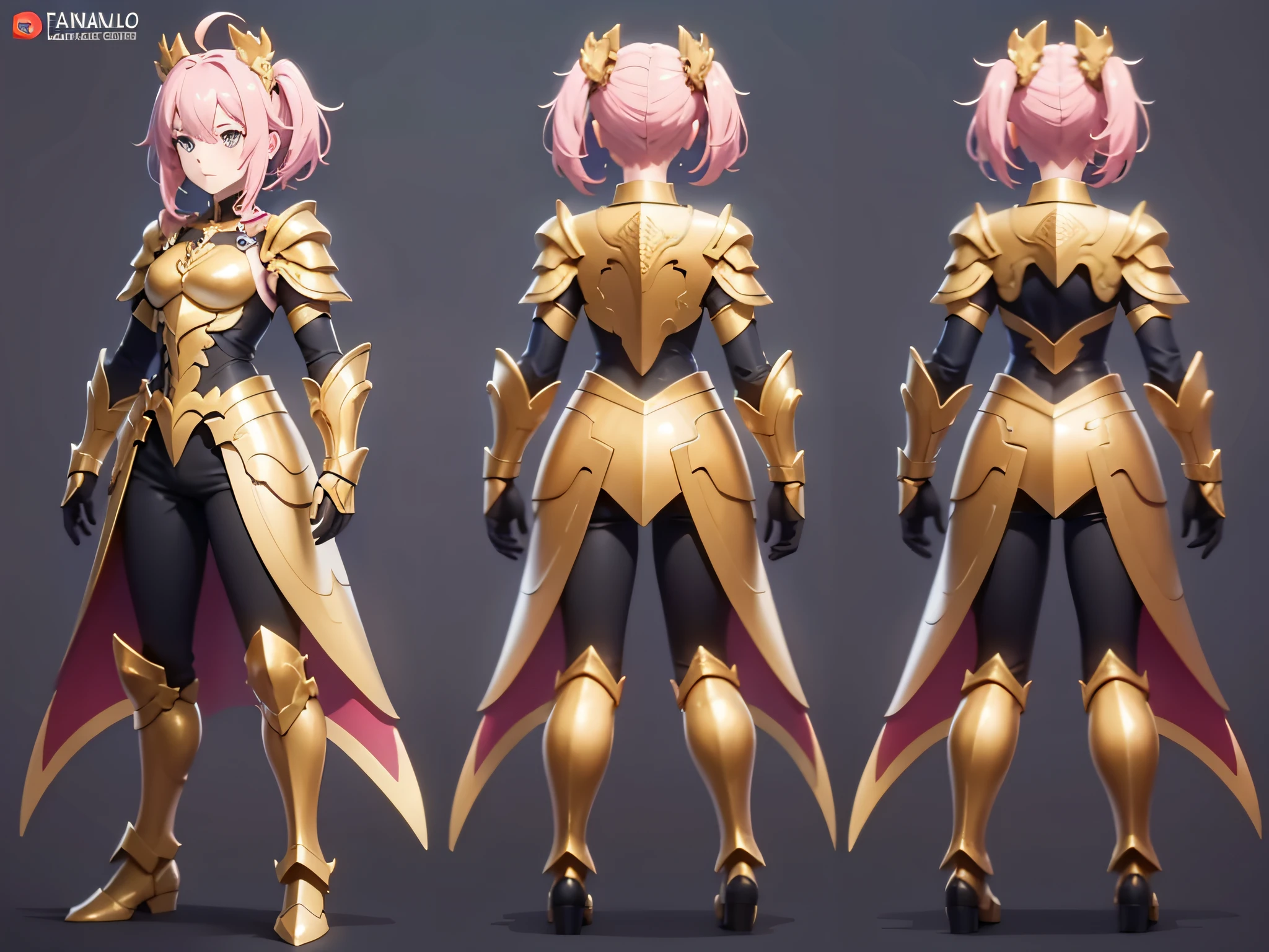 Character Sheet, full-body, famale, front view, back view, Withe haired, golden armor, anime, anime style, 4k, high quality