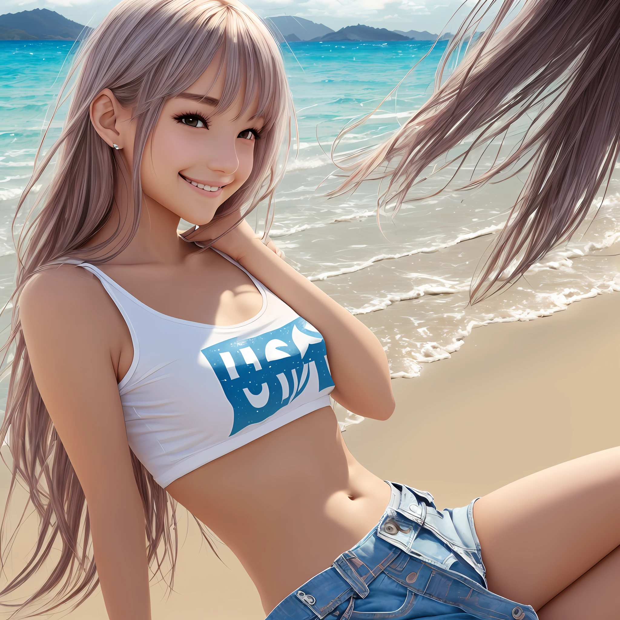 High detailed, masterpiece, pretty female, white skin, Crop T-shirt, shy, short pants, beach background, little smile, blushing --auto --s2