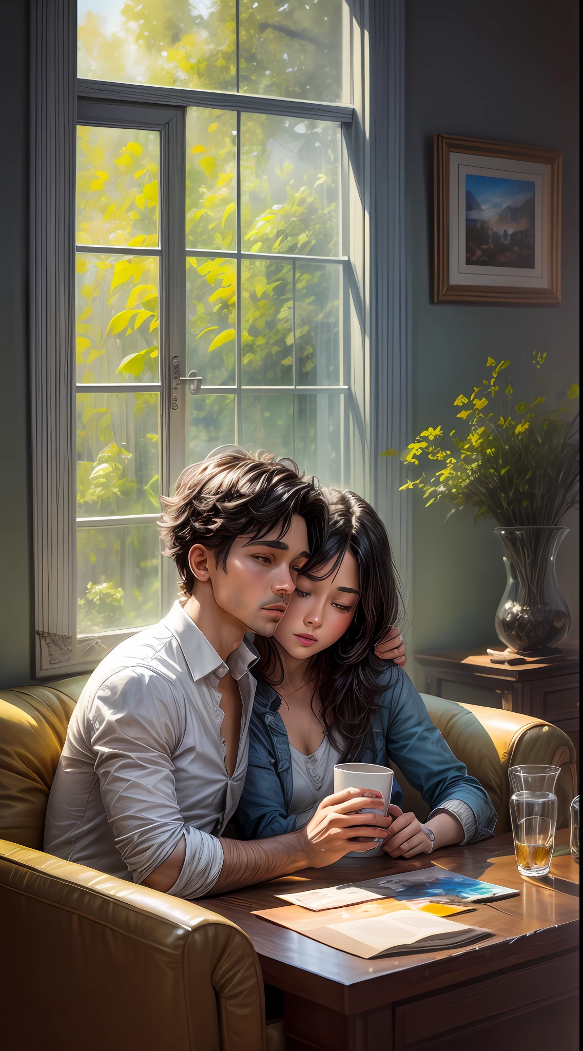 A dreamy painting that portrays a boy and a girl immersed in conversation, sipping coffee in a cozy living room surrounded by lush greenery. Sunlight filters through large windows, proyectando un suave resplandor en sus rostros, illuminating the room with a tranquil ambiance. Las pinceladas son sueltas y expresivas, Capturar la calidez y la intimidad del momento, painted with acrylics on canvas using a palette knife for texture and vibrant colors,
