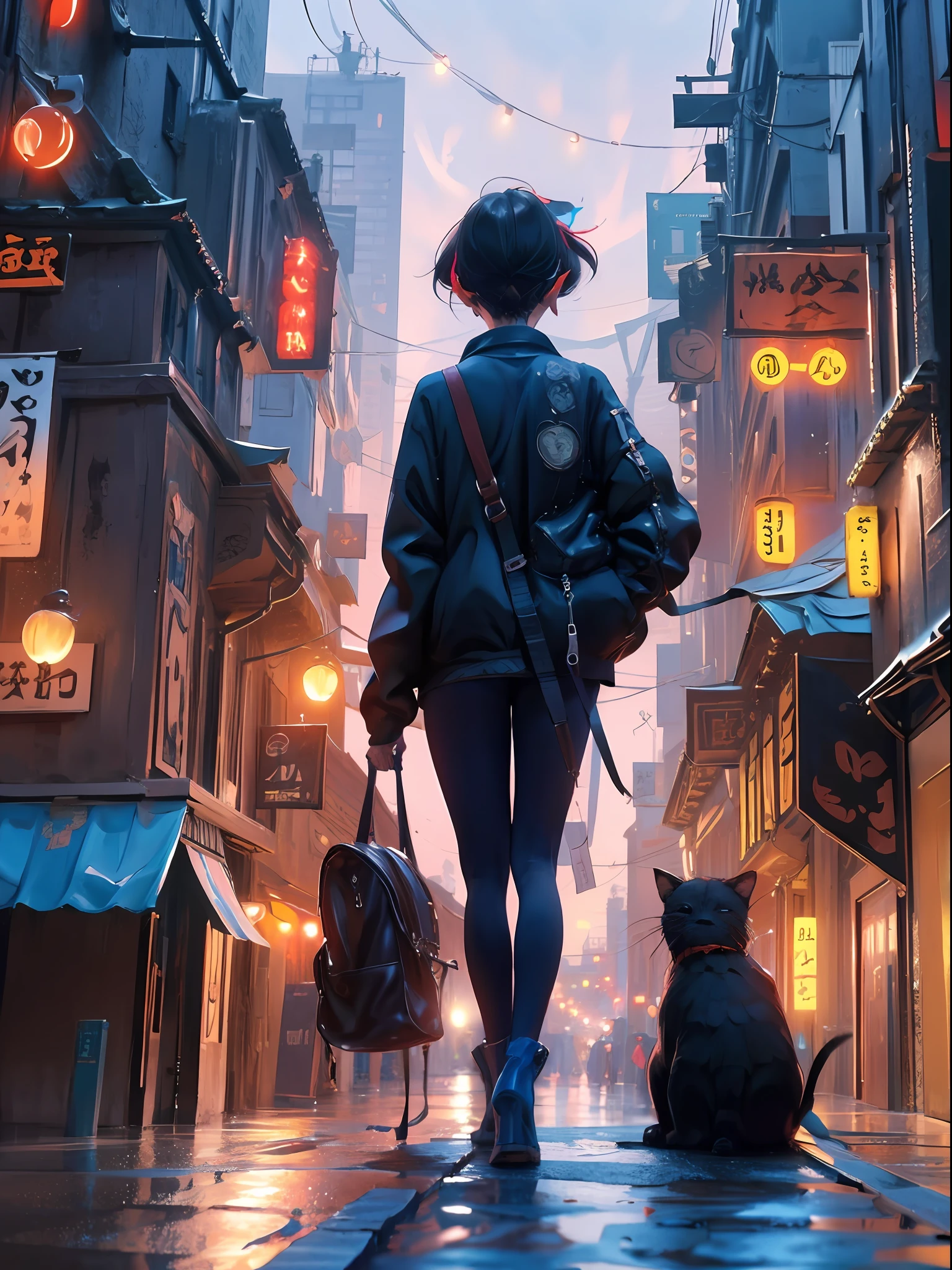 ((Masterpiece)), ((Best quality)), 8K, high detaild, Ultra-detailed, A girl standing on the rooftop overlooking the city, teto, Buildings, Streets, City lights.