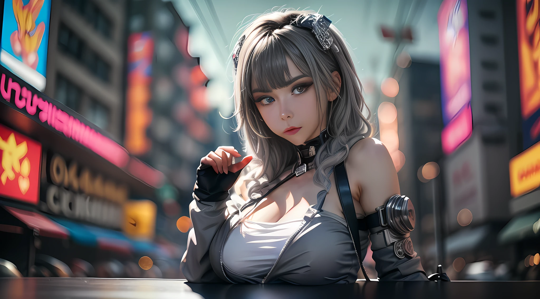 best quality, highly detailed, masterpiece, ultra-detailed, illustration, bright eyes, light leaks, absurdres, wallpaper, real, in the cyberpunk city, bishoujo, two-tone hair, grey gradient hair, multicolored eyes, huge breasts, nose blush