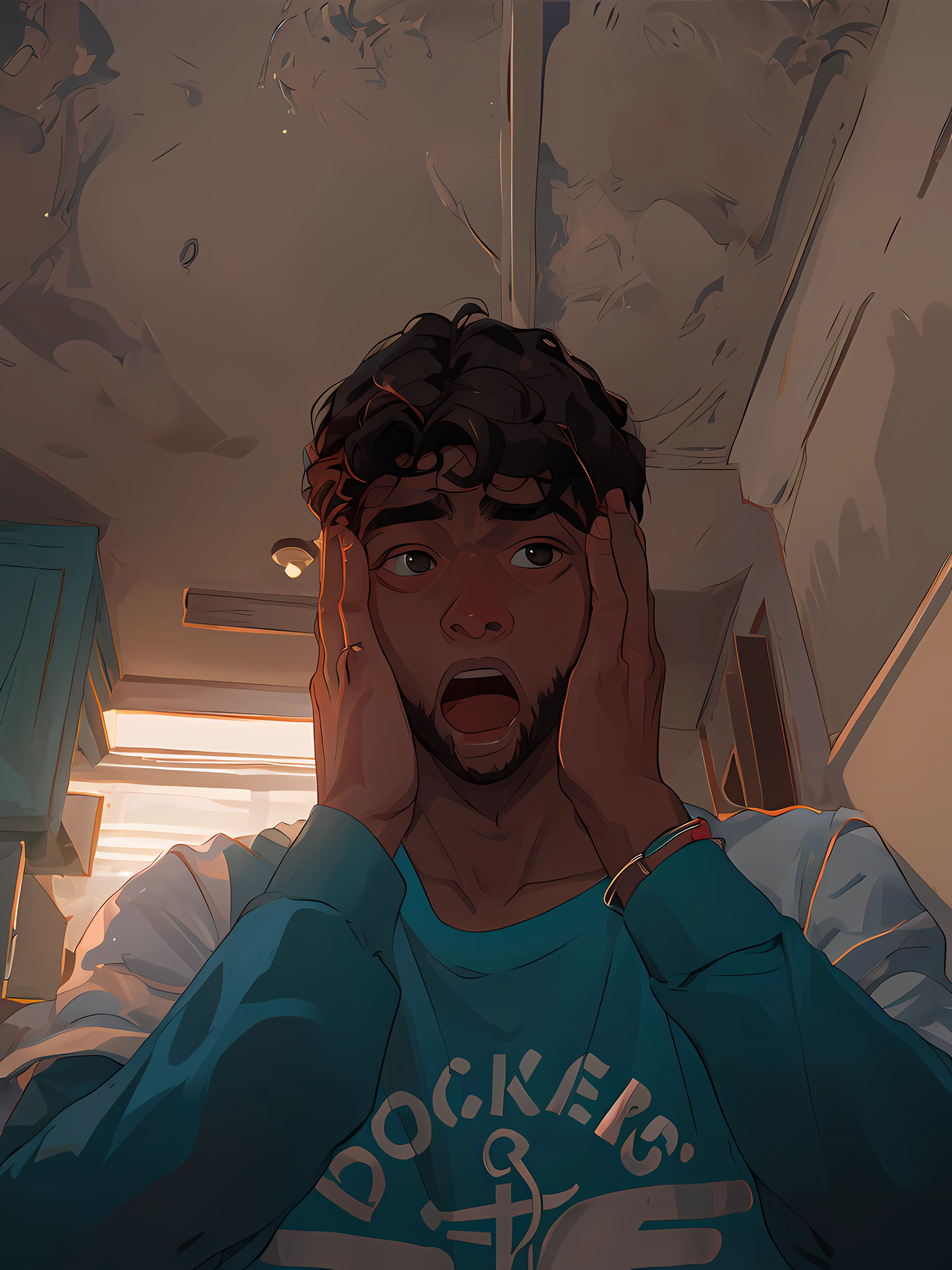 hombre con las manos en la cara haciendo una mueca, Sosteniendo sus manos hacia su cara, is surprised, cara sorpendida, luciendo sorprendido, shocked expression, surprised expression, about 19 years old, lleva una camisa gris, tiene piel morena, hombre negro, cabello rizado, cabello negro, cabello semi afro, cabello corto, en una habitacion