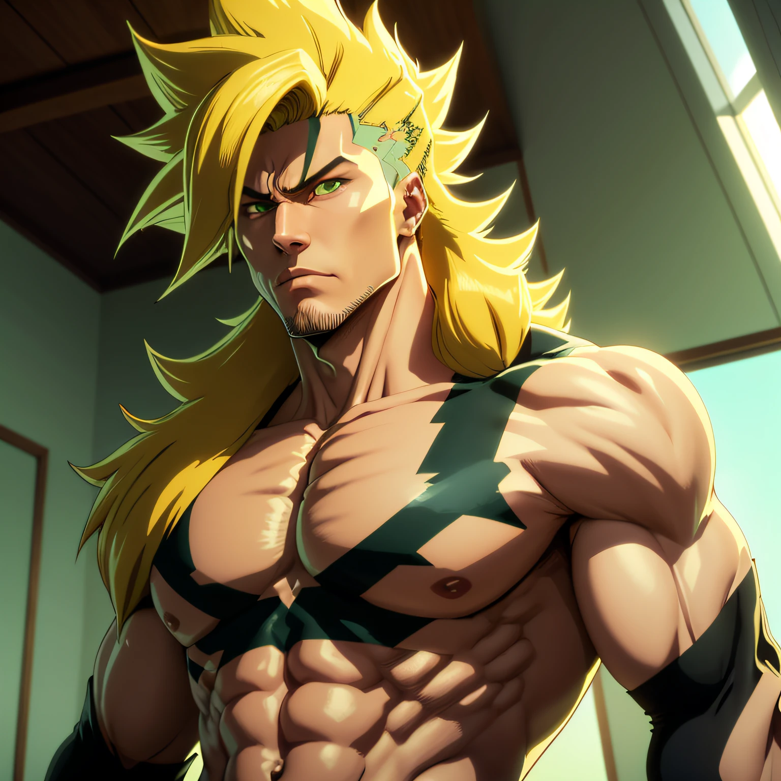 homem grande e forte, musculoso, super sayajin com cabelo bem grande, cabelo grande, super sayajin 3, com cabelo verde, oscilando poder e aura de poder na cor verde, olhar feroz, homem usando um casaco bem grande e preto, poder verde, cabelo muito grande, cabelo maior que o corpo, cabelo chegando ao pes