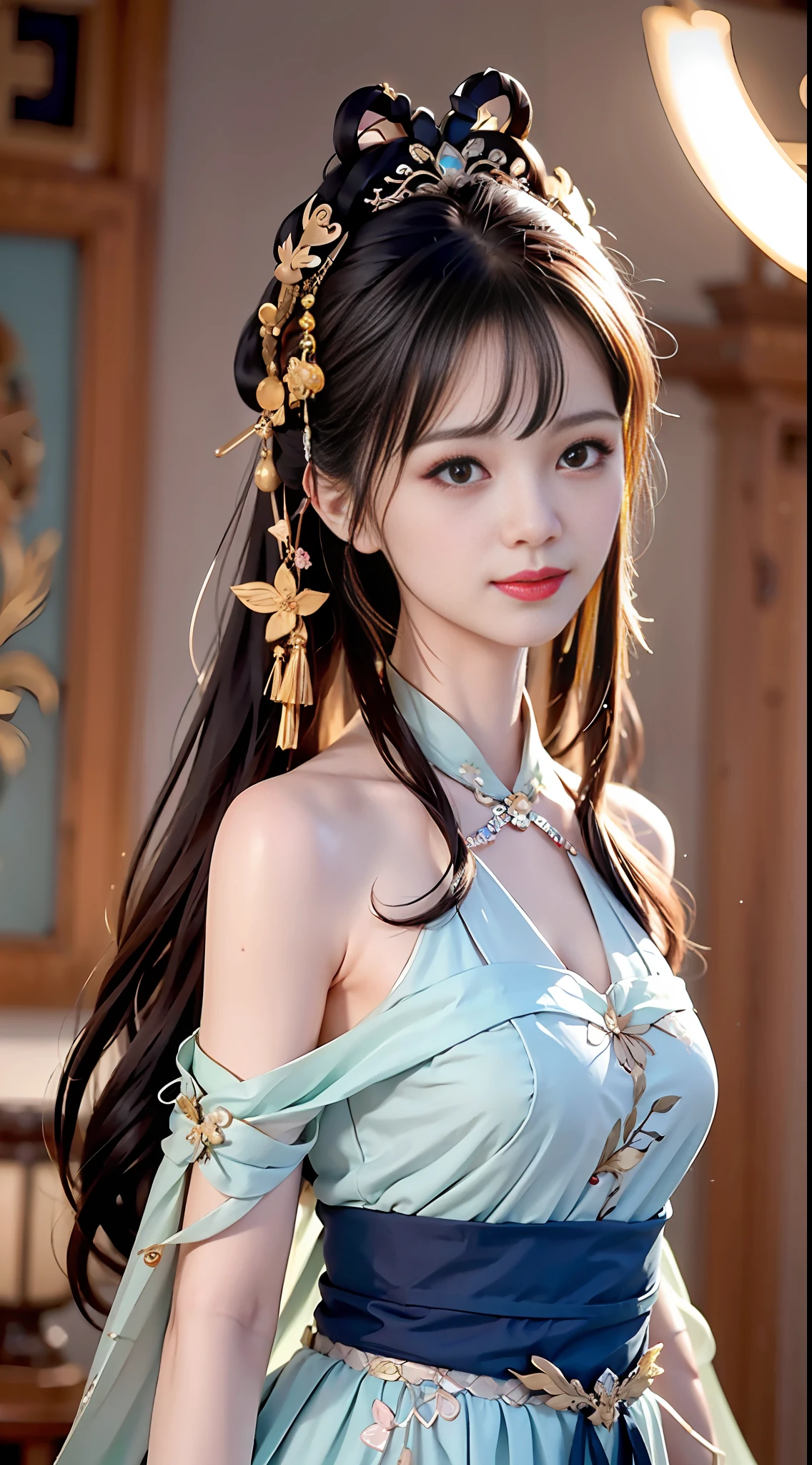 Need,The Masterpiece,high - resolution,1girl,Blushlush,(Seductive smile:0.8),starpupil,Chinese suction Hanfu with leaky shoulders,hair ornament,gargantilha,jewelry,beauty face,on_body,Tindal Effect,lifelike,Shadow Room,Light edges,Two-tone lighting,(High Detail Skins:1.2),8k uhd,Slr,softlighting,in high quality,Volumetriclighting,Candid camera,photograph of a,high - resolution,4k,8k,Antique background
