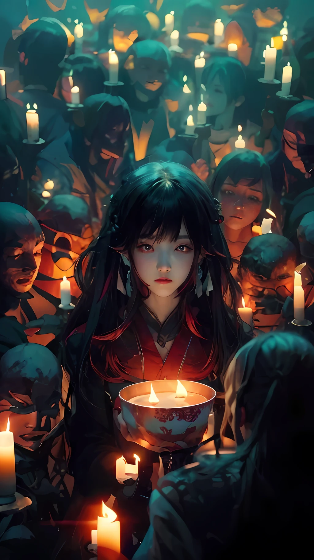 Anime girl surrounded by candles in dark room，With many other people, artwork in the style of guweiz, Ross Tran 8 K, guweiz on pixiv artstation, Guweiz on ArtStation Pixiv, Guwiz, author：ross tran, Artgerm and Atey Ghailan, guweiz masterpiece, loish and wlop