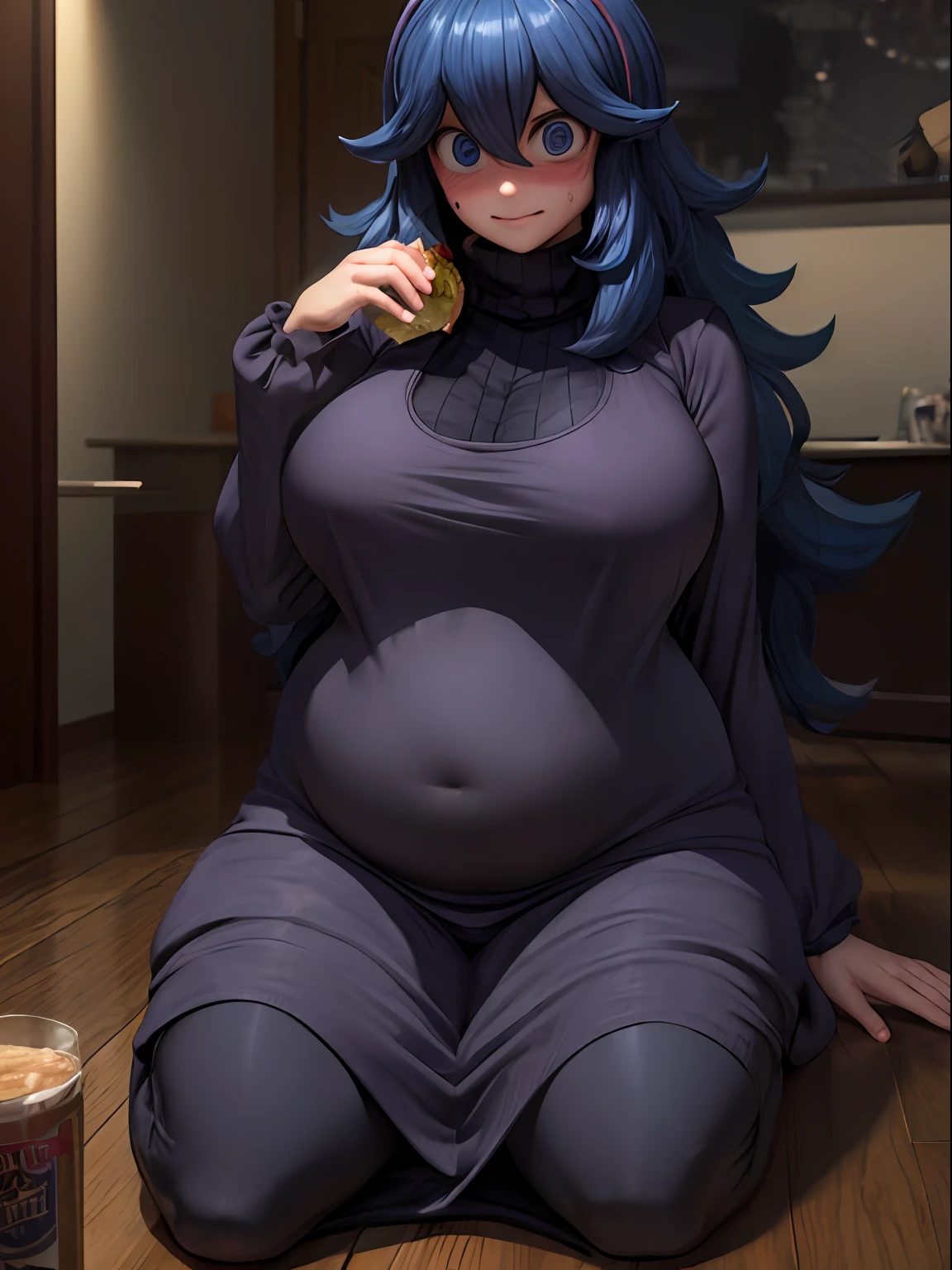 ((masterpiece:1.2)), best quality, ((extreme detail)), (official art), (ultra-detailed), anime screencap, extremely, detailed, (CG), 3d, unity model, 8k, wallpaper, hex maniac, hex maniac(pokemon), 1girl, solo, hotel, sitting, (eating), food, (full body view), (huge breasts), wide hips, (long sleeved turtleneck sweater dress), purple clothes, taut dress, embarrassed, purple eyes, cowboy shot, crazy eyes, (shaded_face:1.3), anime, bursting breasts, wrinkles in clothes, sweat, ((plump)), flustered, (blush)