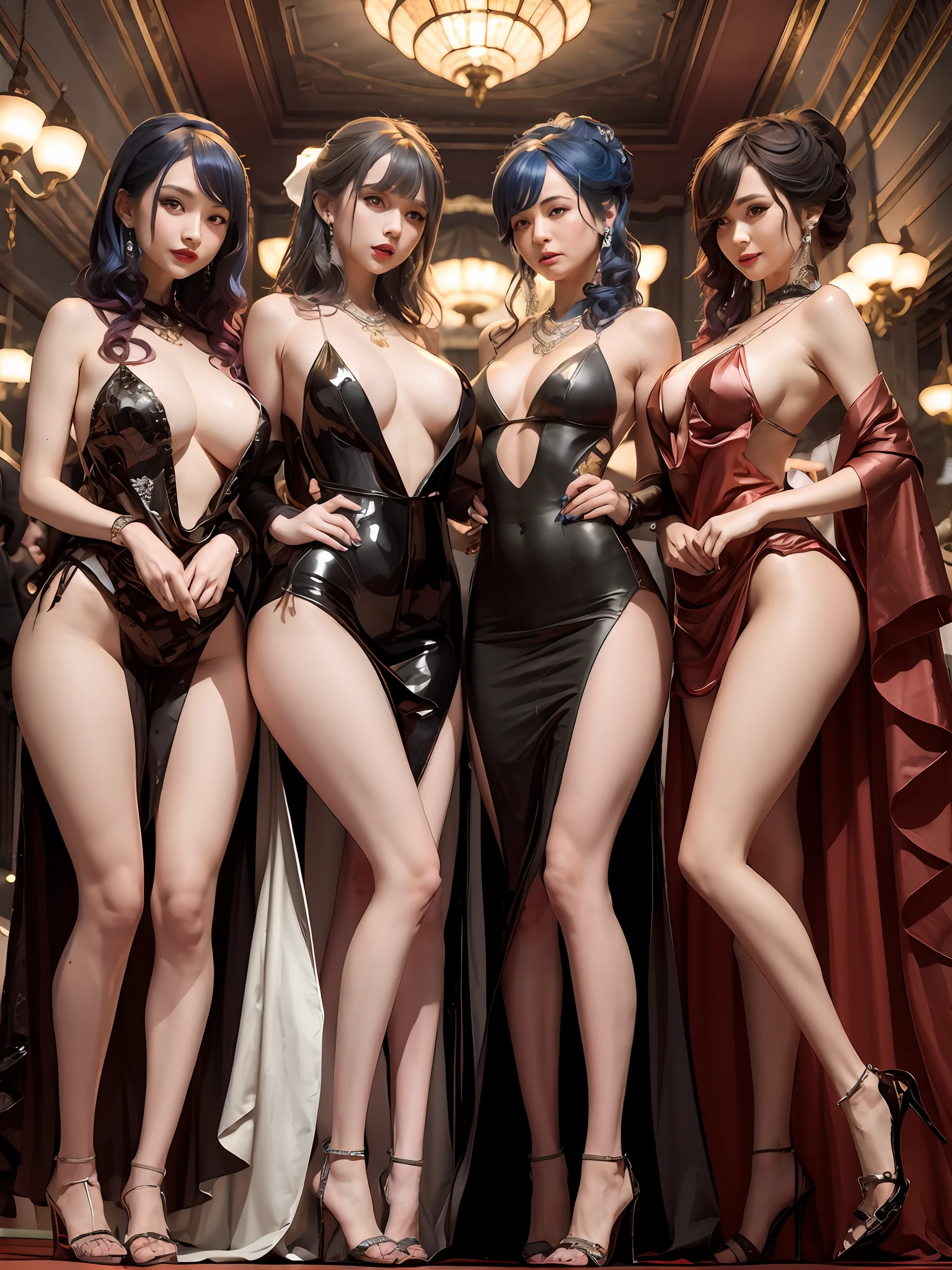 Four women in latex dresses pose for photos in the room, trending on cgstation, trending at cgstation, wlop glossy skin, black-white skintight robes!, WLOP et Artgerm, succubus in tight kilt, 《azur lane》role, by Yang J, Range Murata and Artgerm, full body cgsociety, goddess of Japan，Large big tits