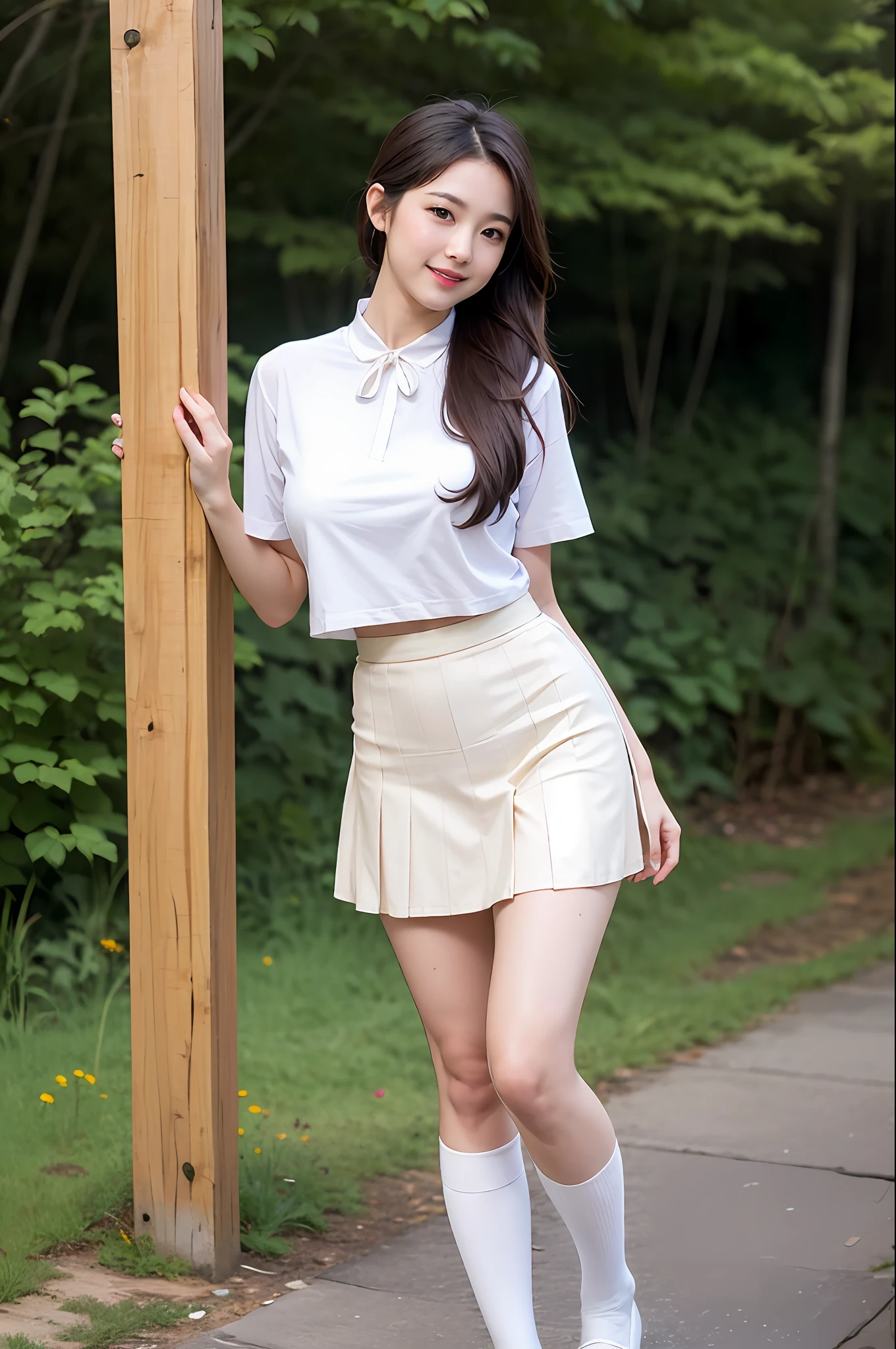 NSFW, 8K Raw photograph, Full body photo,best qulity, The Masterpiece, ultra-highres, filmgrain, Cinematic footage, 1 girl, Ambiguous,seduce,looking at the spectator, Natural skin texture,Milk muscle, Realistic Eyes and Face Details, full pouty lips, lipsticks, (Wearing makeup),Fibrous legs,Smooth legs, Red Eyeshadow,Double ponytail, Horsetail hair, Smile with, closes mouth, beauty leg, Tall women, Full, Slim, immensely gigantic breasts,, Pose with your hips facing you,White in color , topwear,short sleeve,chemise, backside,Temptation, pubic hair is transparent, overcast weather, rains,no sunshine(detailedbackground), immensely gigantic breasts,No bras, Loafers, a blurry background, JK ribbon around the neck, brown colored hair,japanese girl school uniform, a school uniform,Smile with,Sweet, Lips,White in color,outskirts,White pleated skirt, deep of field