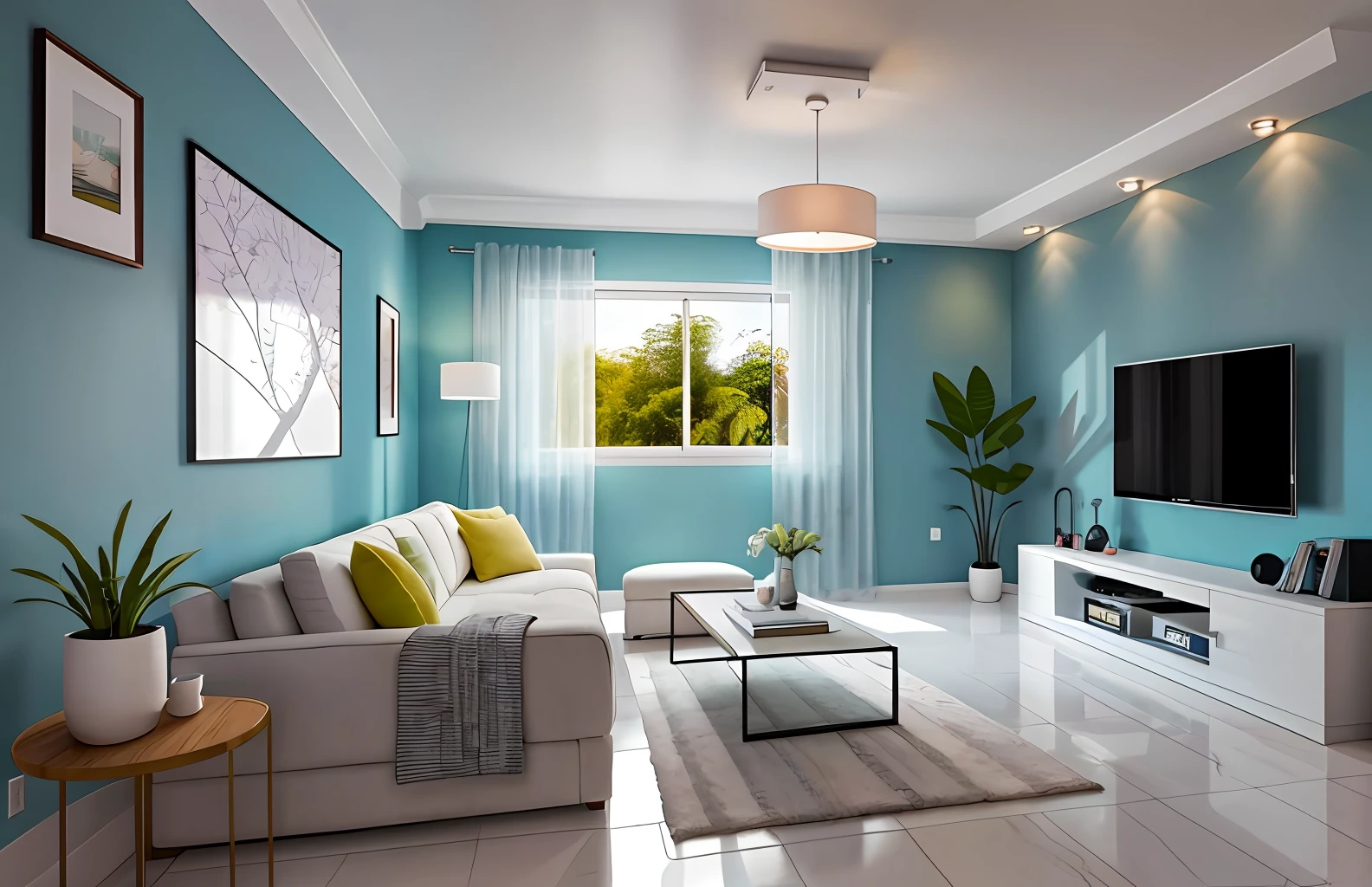 Criar uma sala com linda arquitetura e um belo quadro na parede