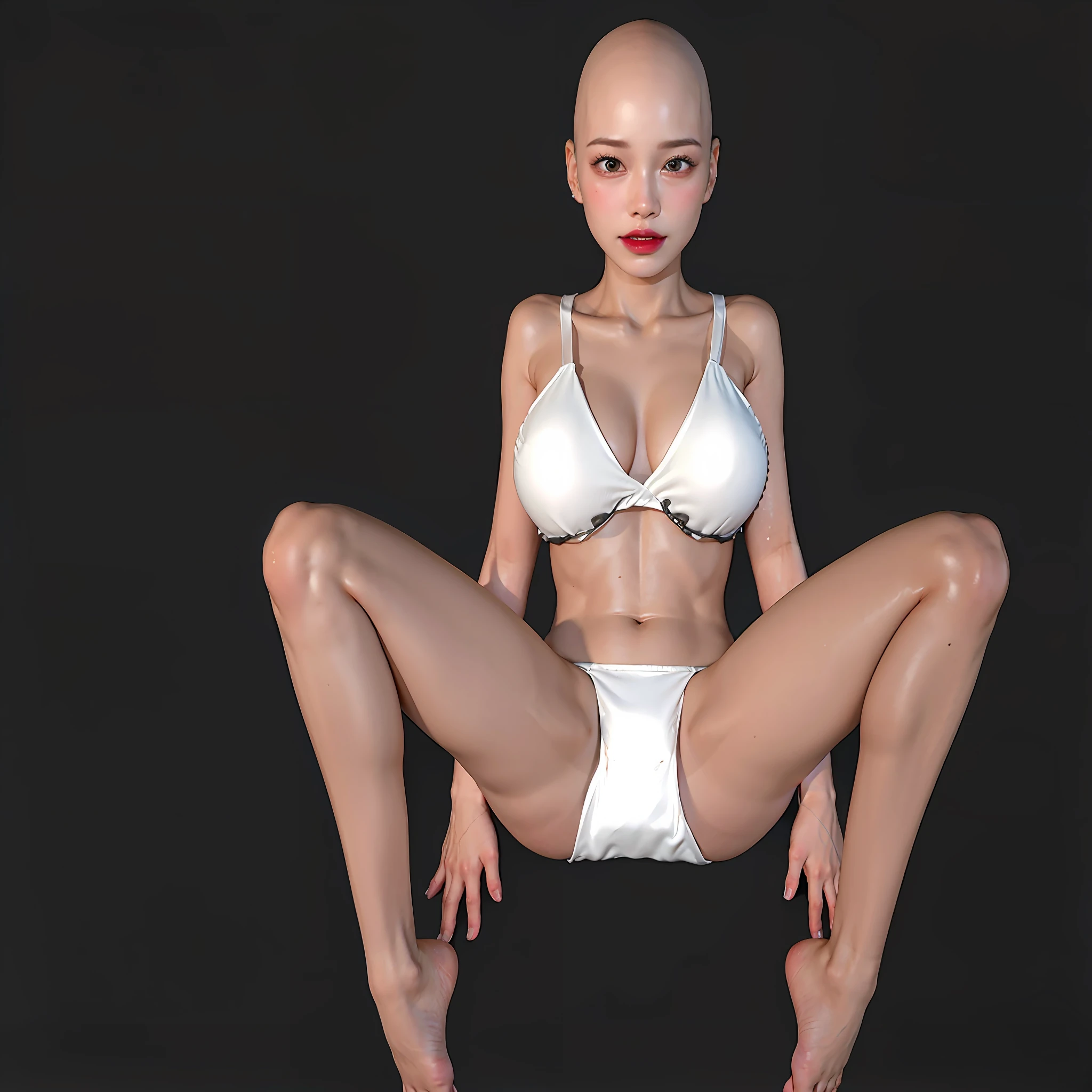 arafed woman in a white bikini sitting on a black surface, barefoot beautiful girl alien, Female Alien, asian nymph bald goddess, female humanoid creature, humanoid woman, anorexic figure, gynoid body, 3 d daz occlusion, extreme foreshortening, pretty face with arms and legs, albino skin, alien woman