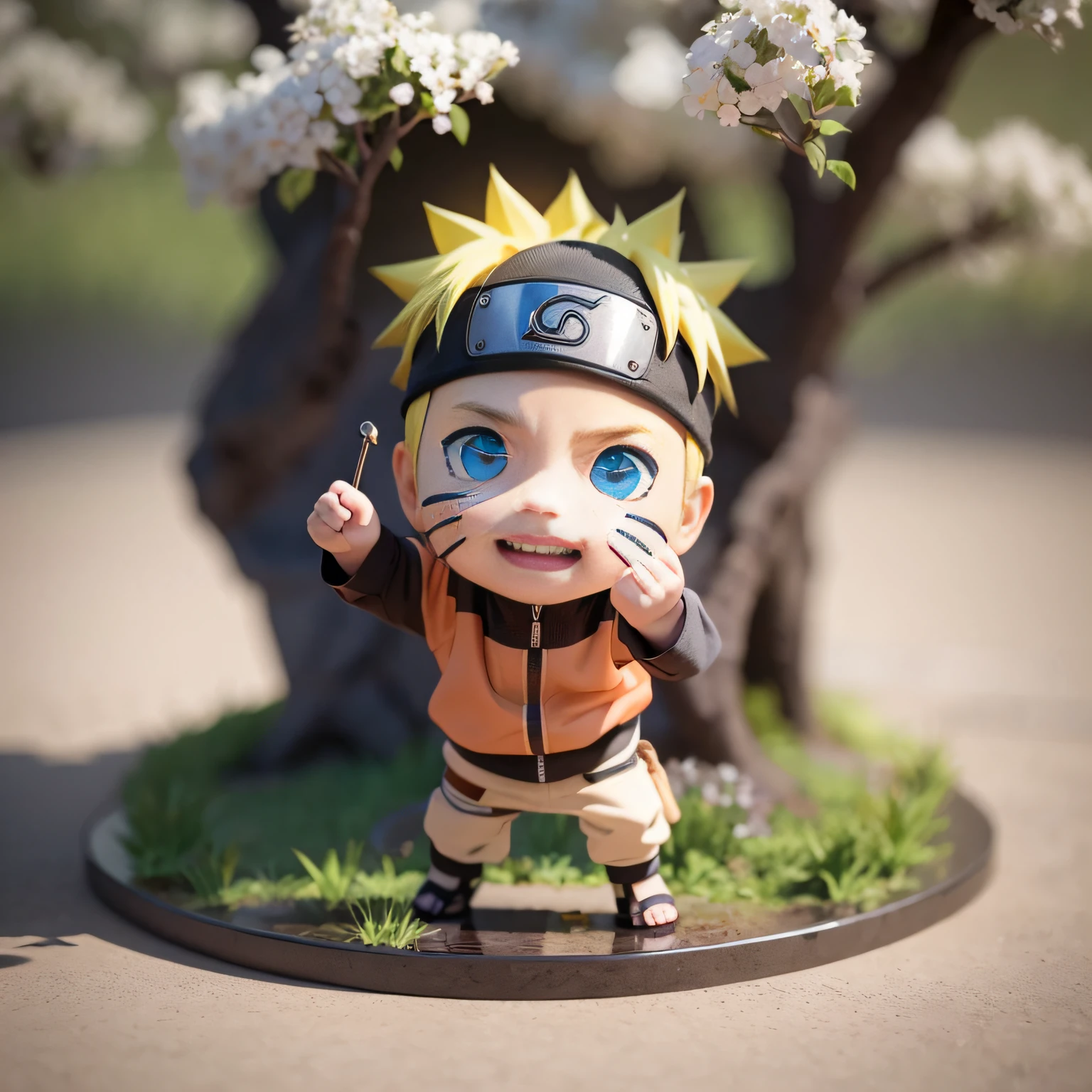 Naruto,chibi,mini,realistic,Effect Lightning, cherry tree background,3d,cinematic render,smile,With a pose ready to fight,photorealistic,full body,1boys,
