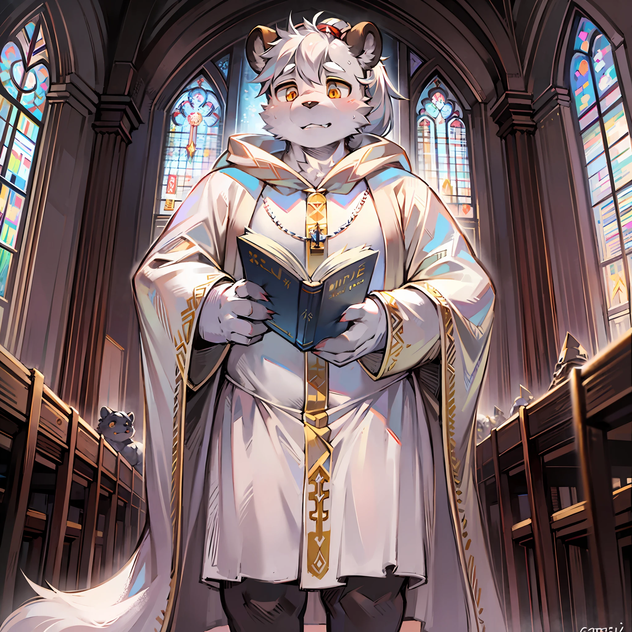 Bright eyes, Church interior,,Panda anthropomorphism,独奏, Sacred Light,Hairy male, Panda,Obesity,Male focus,Full body fur, Fluffy tail, Short tail,White fur, Golden eyes, Gray hair,Single ponytail), (Carnivorous bears),White robe,Cloak,white pantie,Stand,bible,holding books,missionary,pope,Majesty