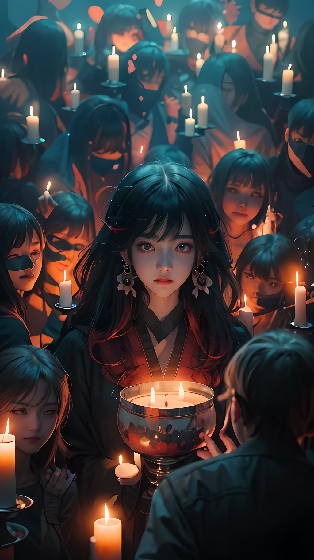 Anime girl surrounded by candles in dark room，With many other people, artwork in the style of guweiz, Ross Tran 8 K, guweiz on pixiv artstation, Guweiz on ArtStation Pixiv, Guwiz, author：ross tran, Artgerm and Atey Ghailan, guweiz masterpiece, loish and wlop