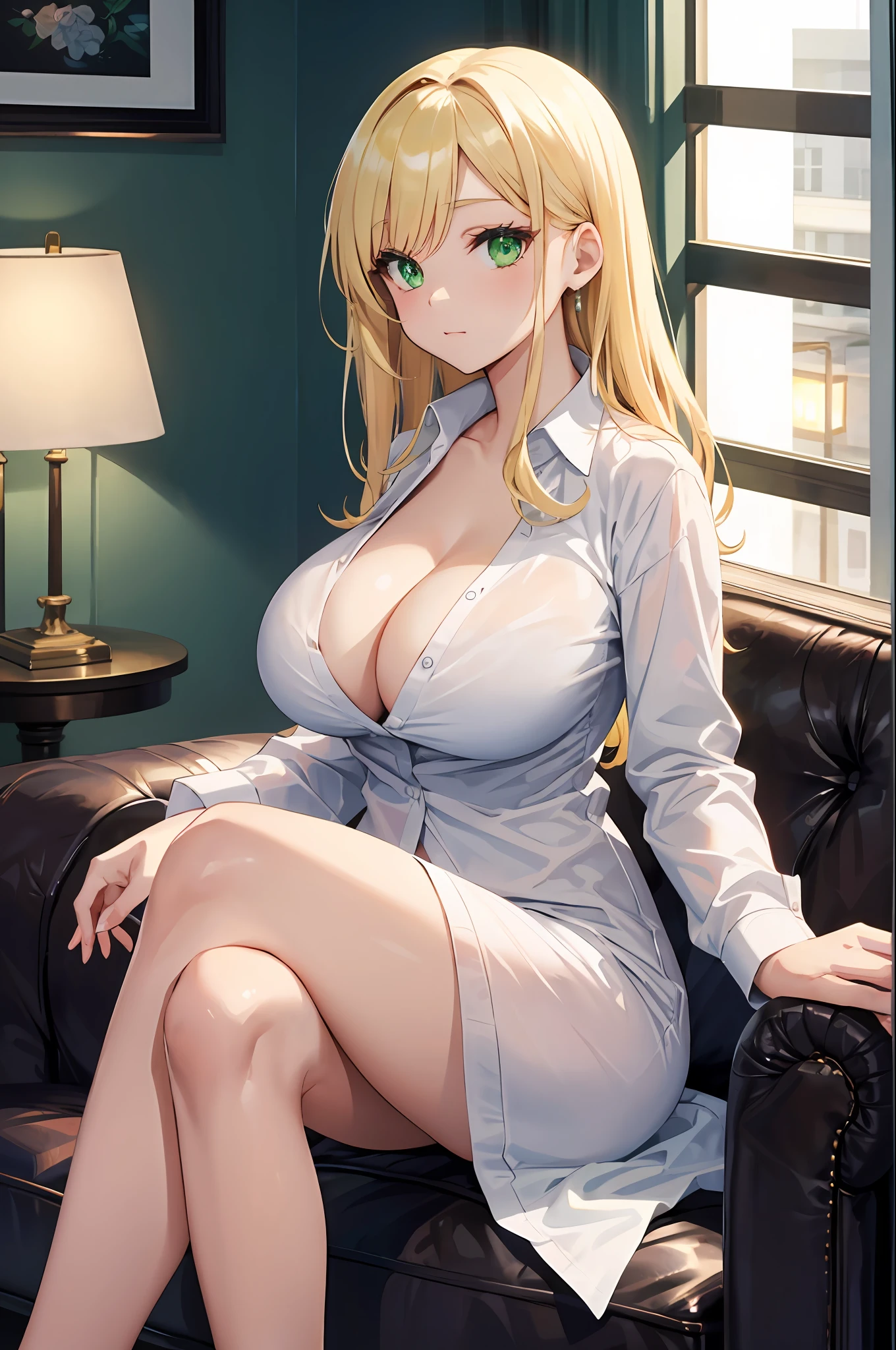masterpiece, best quality, finely detailed, 1girl, (blonde), (bishoujo), cute, (green eyes), (eyelashes), (huge breasts), (cleavage), (white shirt:1.2), (open shirt), sitting on a sofa, lamp, window, night, delicate interior design,