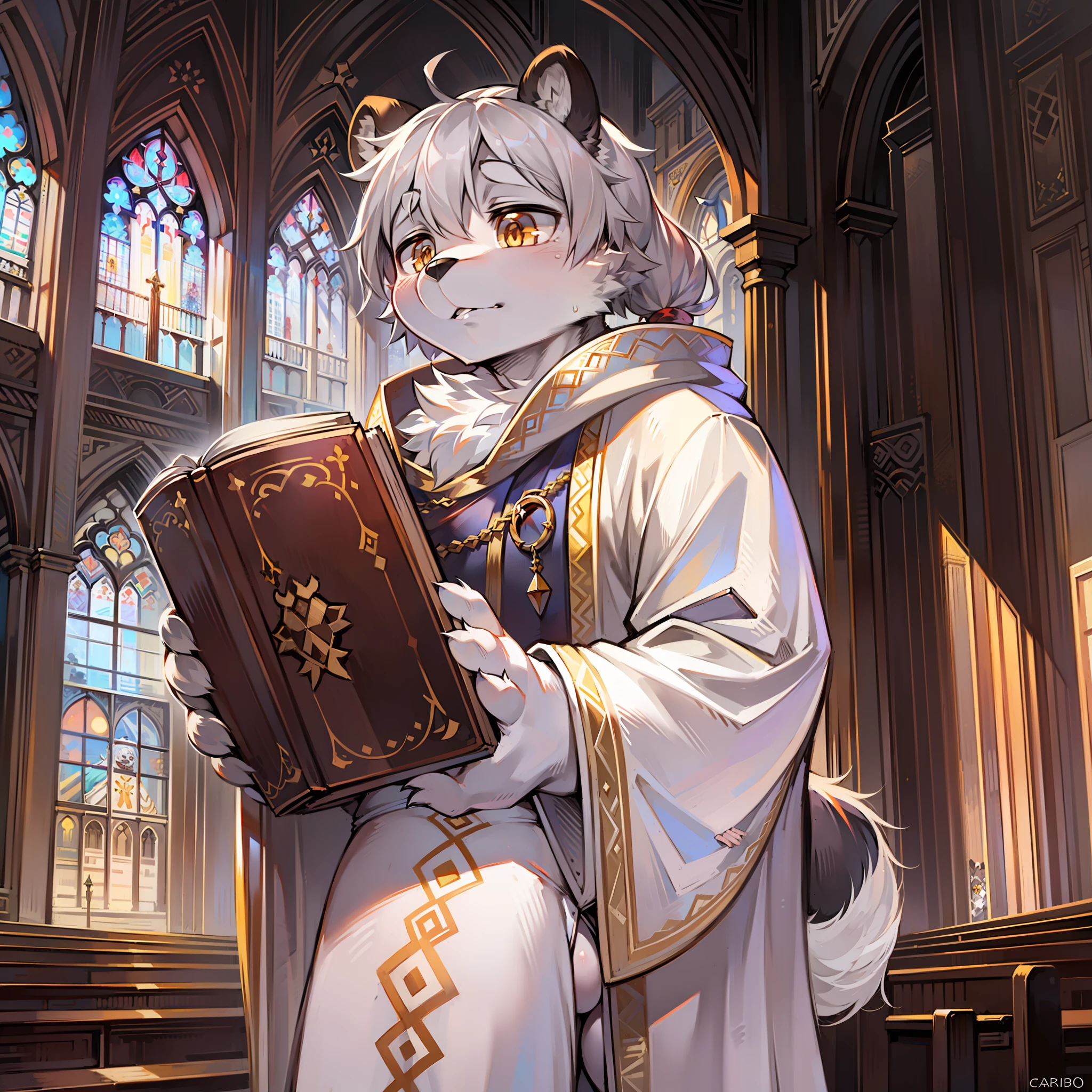 Bright eyes, Church interior，,Panda anthropomorphism，独奏, Sacred Light，Hairy male, Panda,Obesity,Male focus,Full body fur, Fluffy tail, Short tail,White fur, Golden eyes, Gray hair,Single ponytail), (Carnivorous bears）,White robe，Cloak，white pantie,Stand，bible，holding books，missionary，pope，Majesty