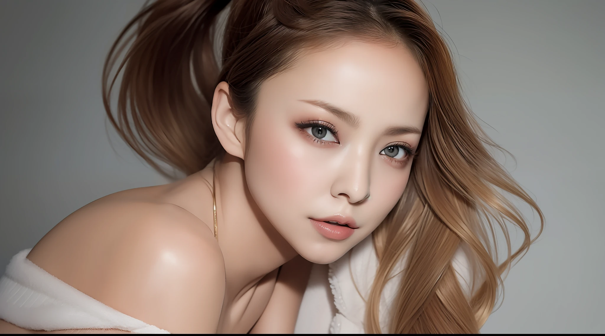 Top Quality, Masterpiece, Ultra High Resolution, (Photorealistic: 1.5), Raw Photo, 1 Girl, Off Shoulder, Dark, Deep Shadows, Unobtrusive, Cold Light, Sexy Look, Ponytail